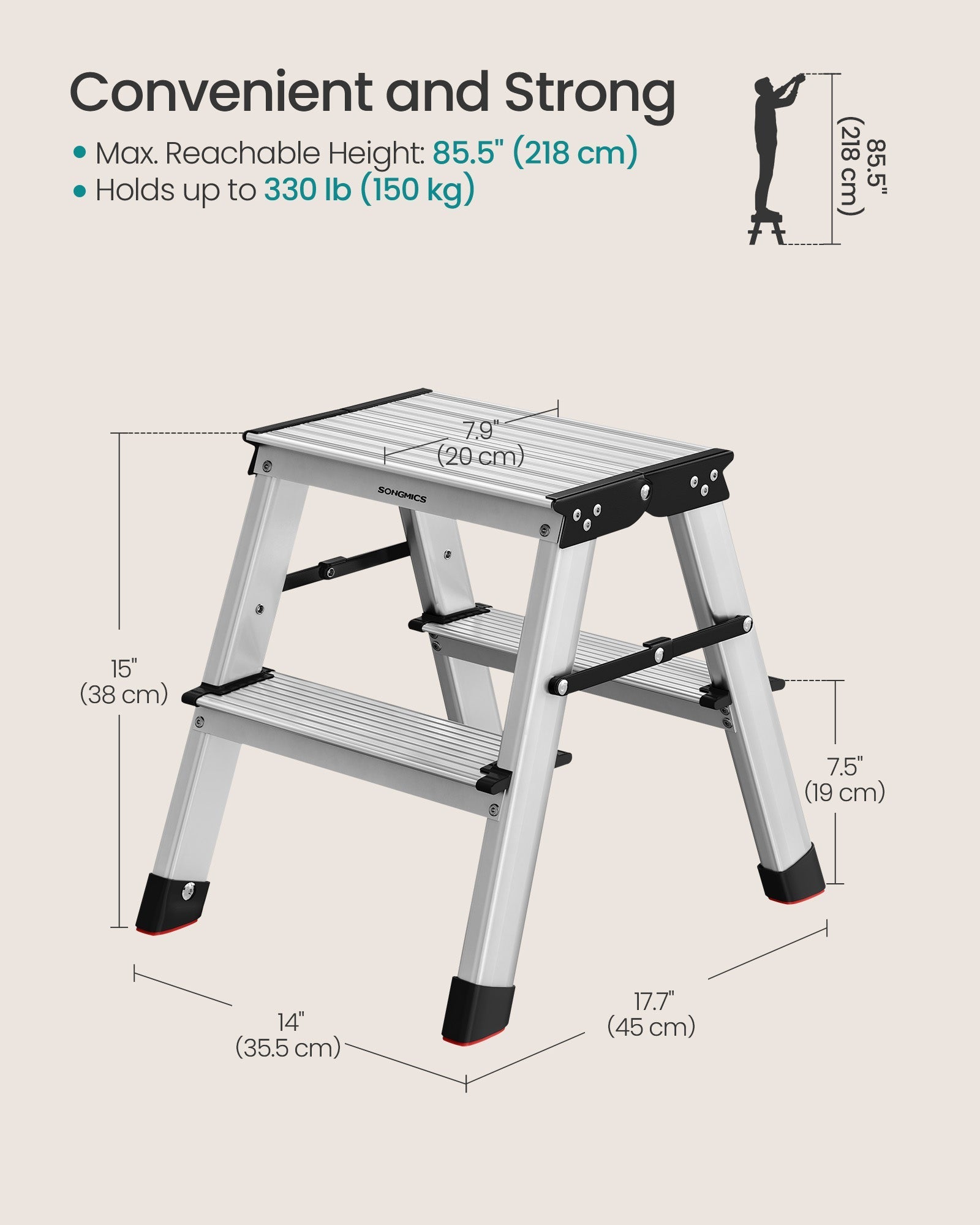 2-Step Folding Aluminium Ladder - Silver Grey - Lightweight Multi-Purpose Design