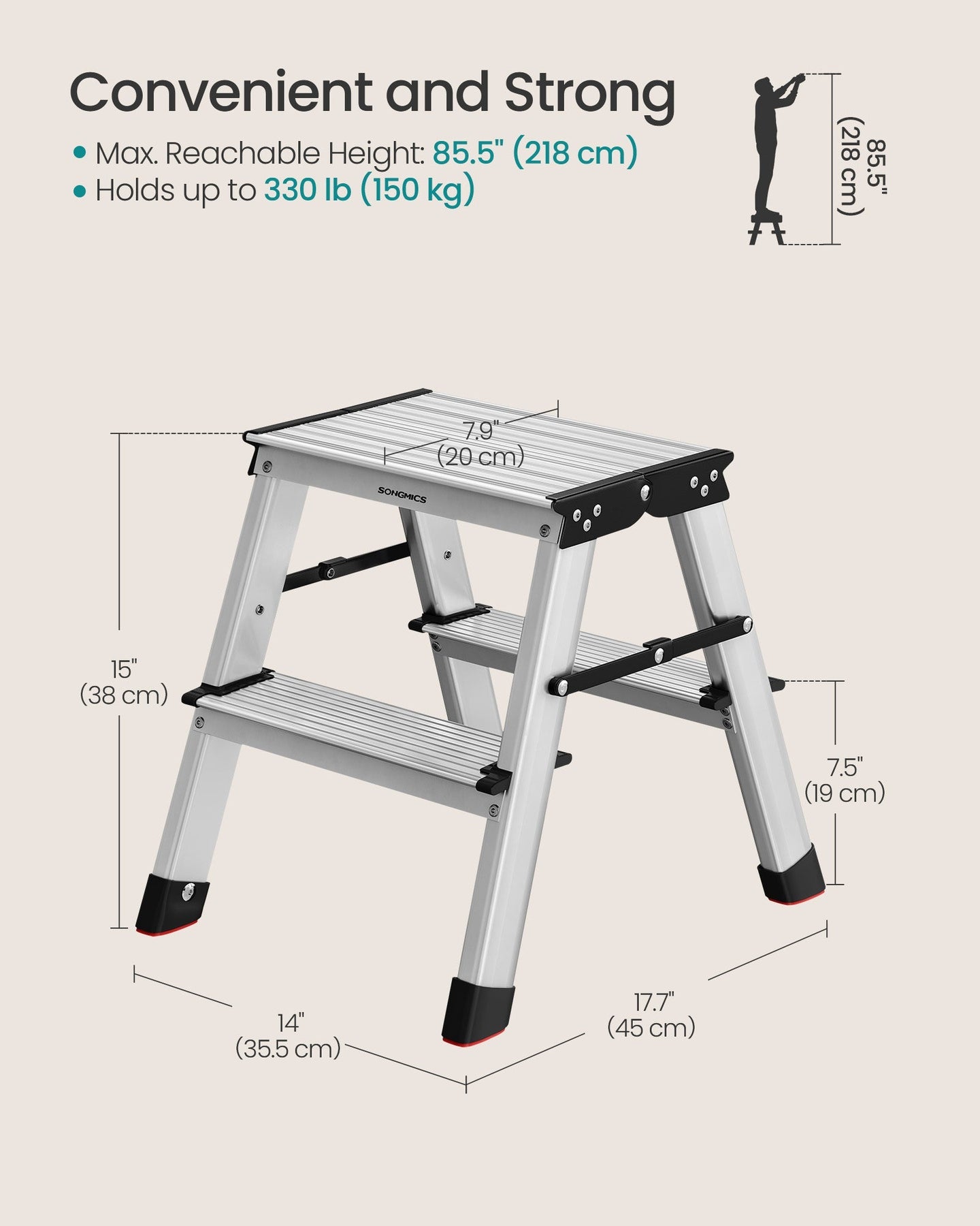 2-Step Folding Aluminium Ladder - Silver Grey - Lightweight Multi-Purpose Design