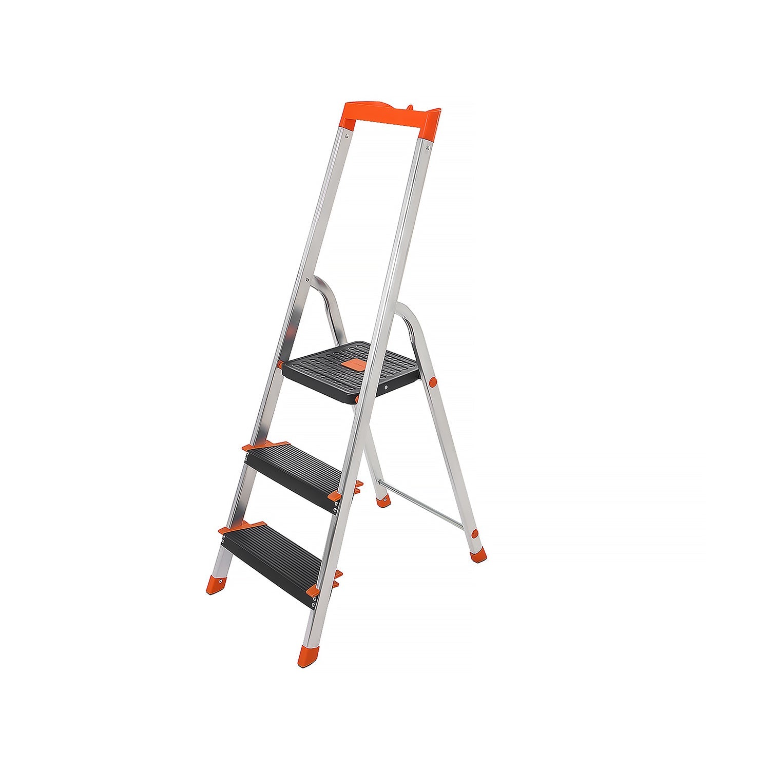 Folding Ladder - Aluminium - Black - 3 Steps with Wide Anti-Slip 12 cm Steps and Tool Tray