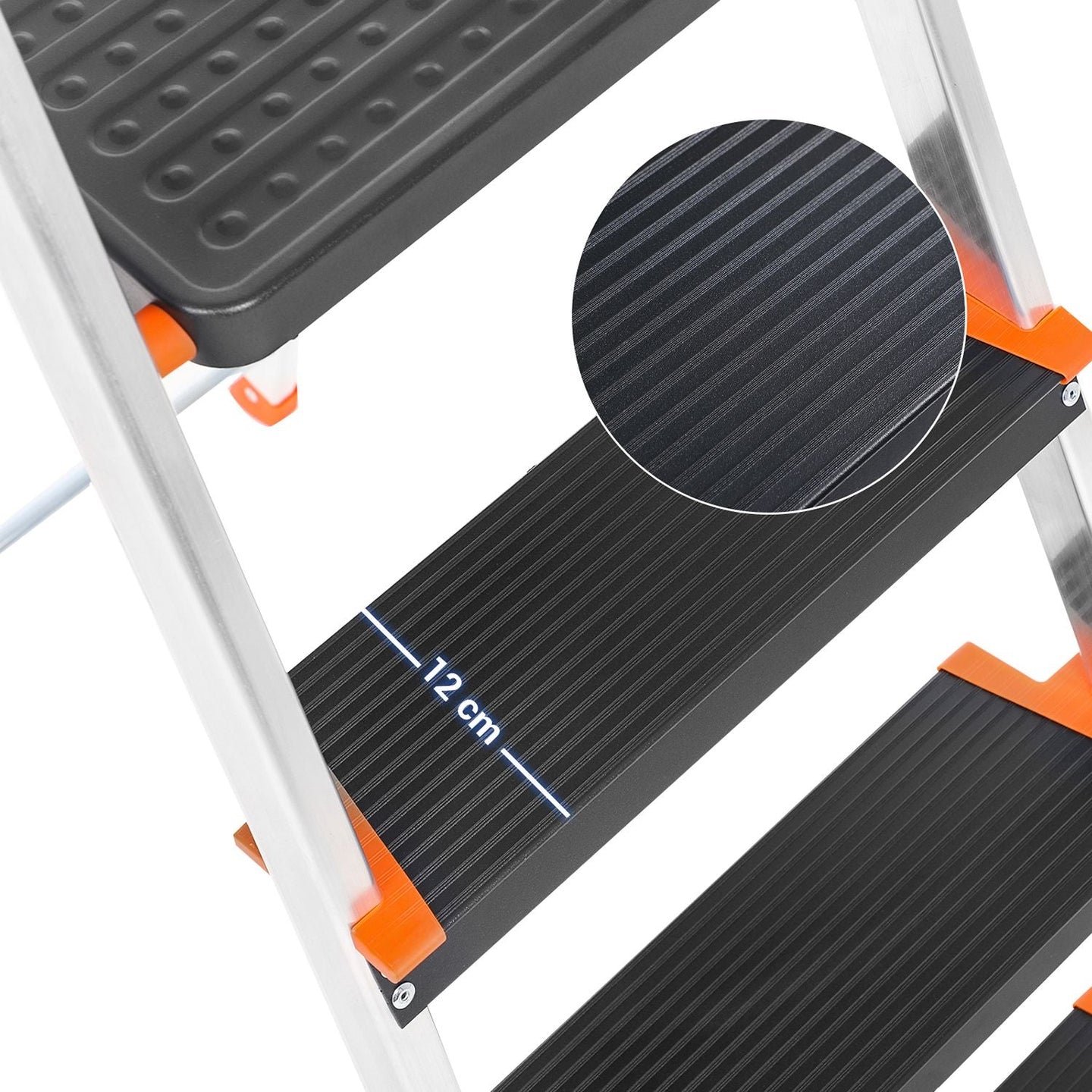 Folding Ladder - Aluminium - Black - 3 Steps with Wide Anti-Slip 12 cm Steps and Tool Tray