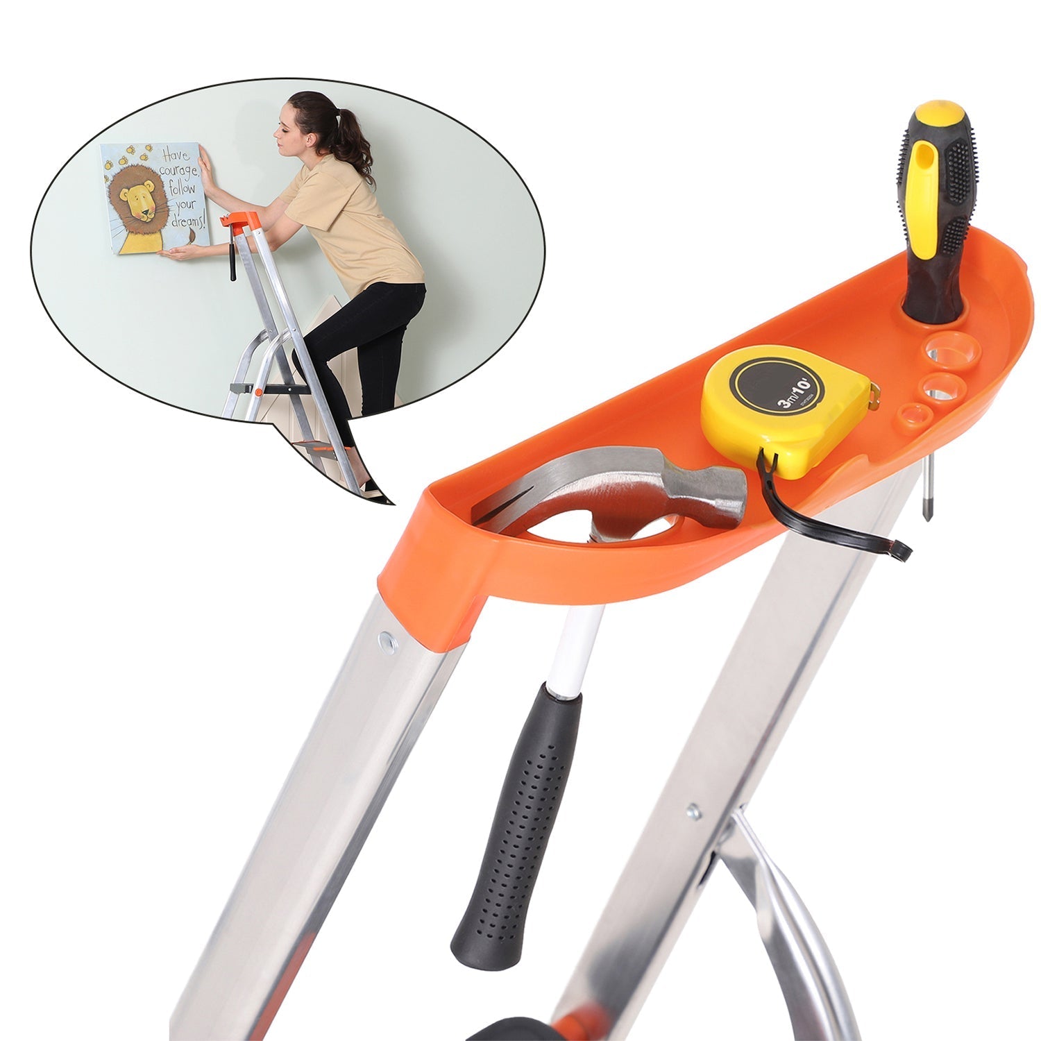 Folding Ladder - Aluminium - Black - 3 Steps with Wide Anti-Slip 12 cm Steps and Tool Tray
