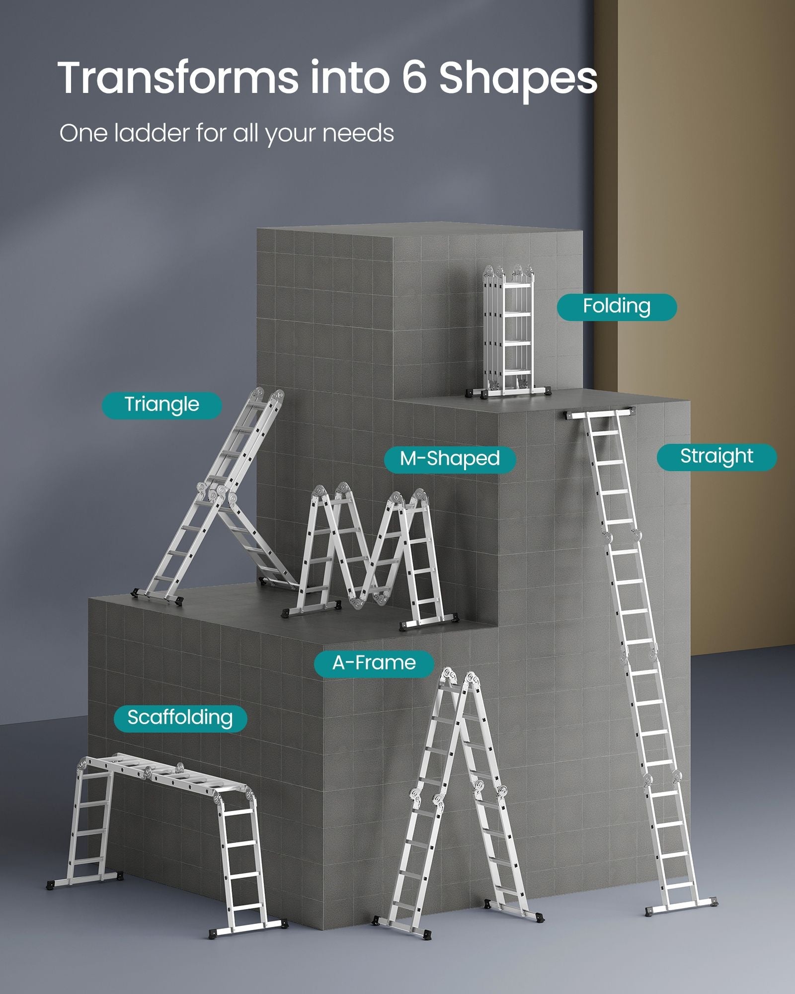Multi-Purpose Folding Ladder - Aluminum - Silver - 16 Steps