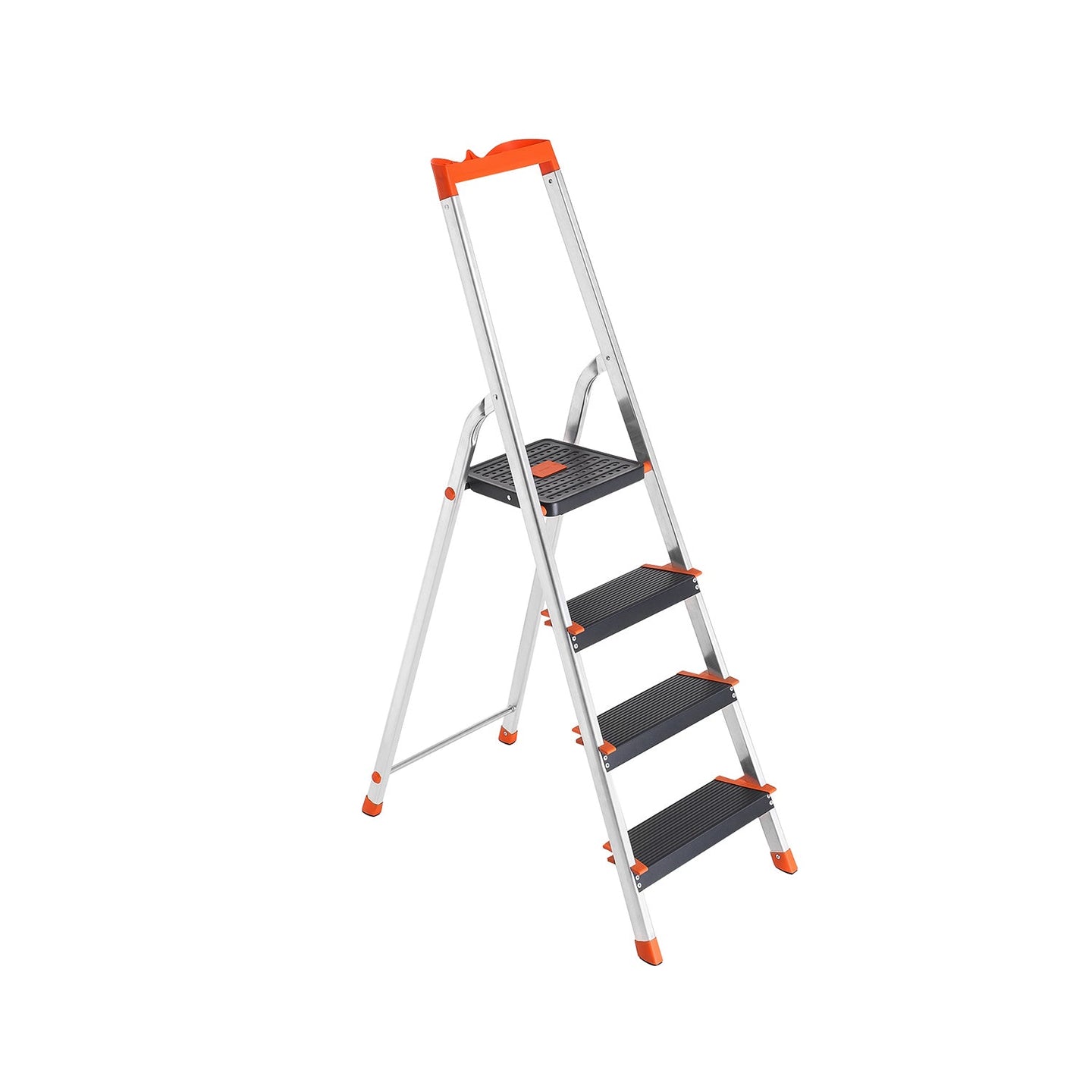 Folding Ladder - Aluminium - Black - 4-Step Design with Tool Tray and Anti-Slip Feet