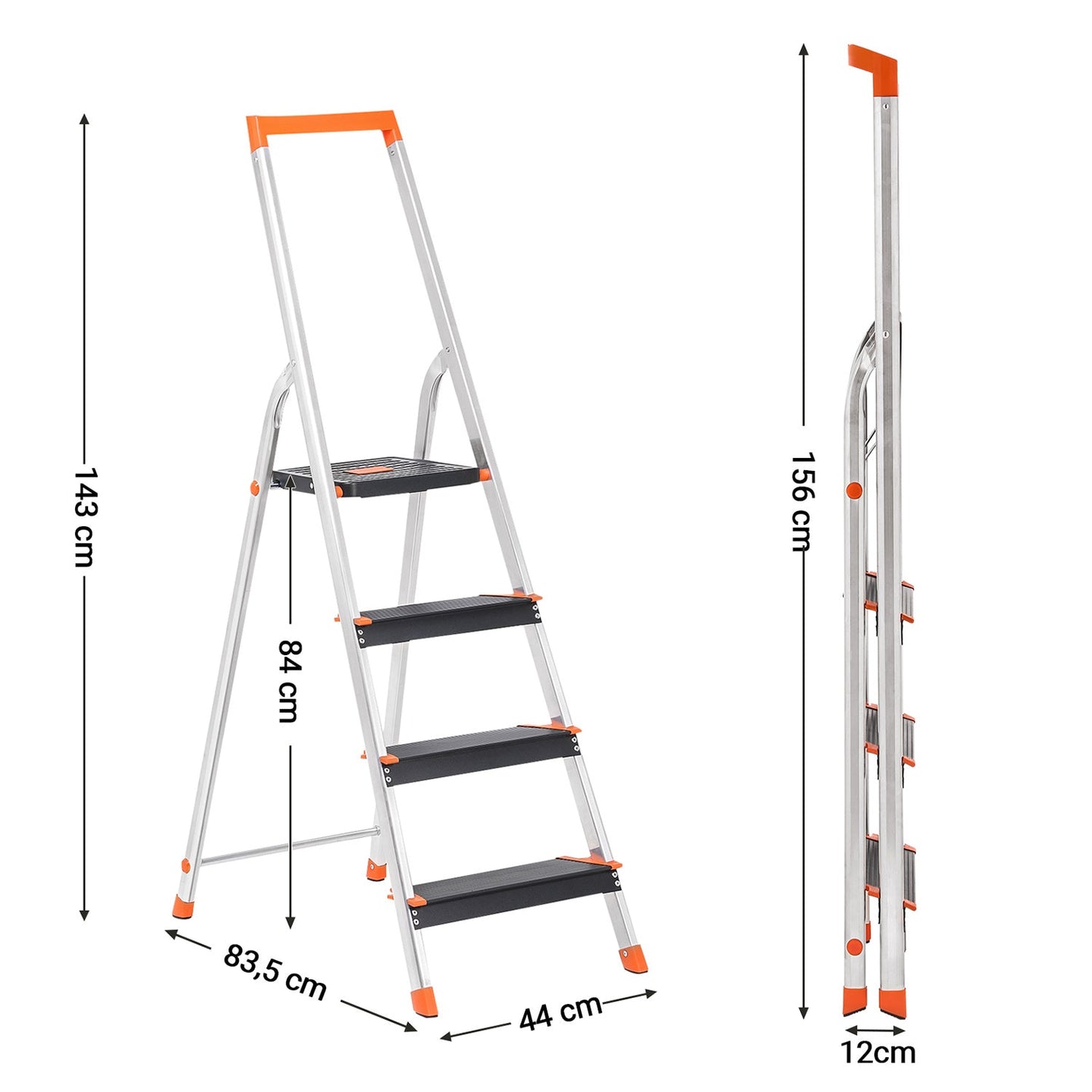 Folding Ladder - Aluminium - Black - 4-Step Design with Tool Tray and Anti-Slip Feet