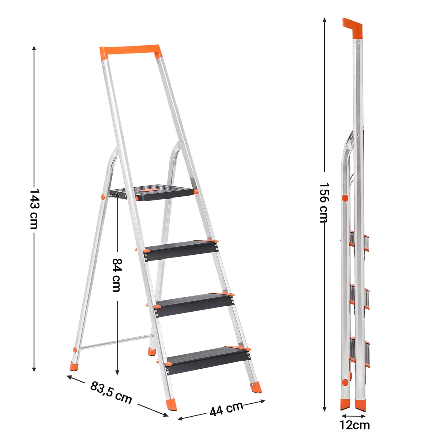 Folding Ladder - Aluminium - Black - 4-Step Design with Tool Tray and Anti-Slip Feet