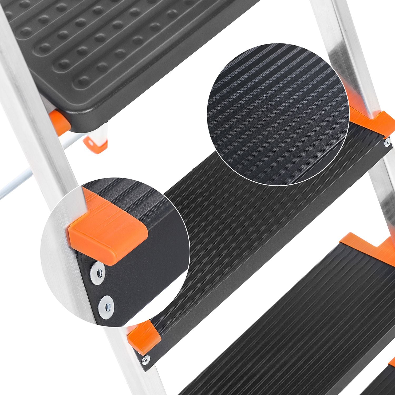 Folding Ladder - Aluminium - Black - 4-Step Design with Tool Tray and Anti-Slip Feet