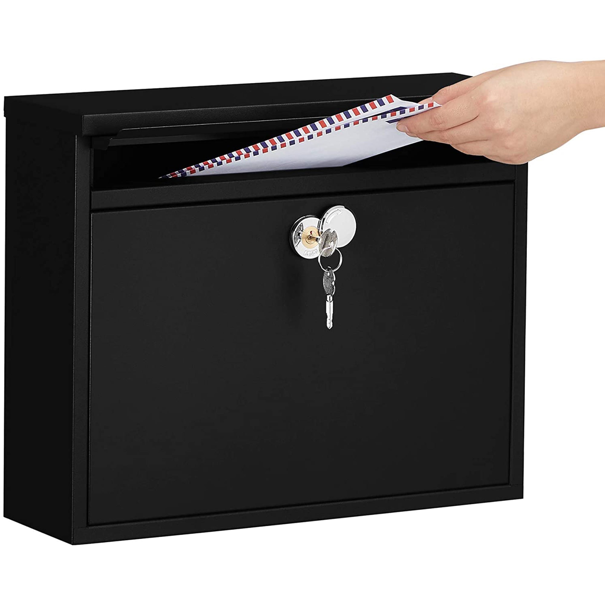 Wall-Mounted Letterbox - Metal - Black - Front Slot with Copper Lock