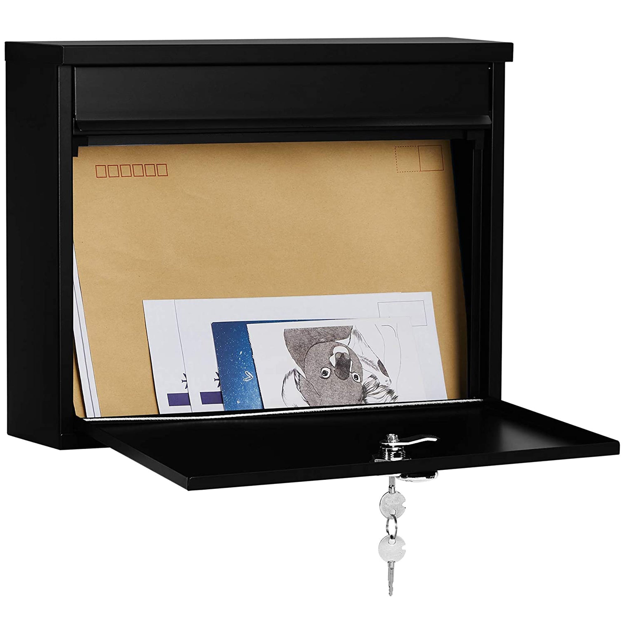 Wall-Mounted Letterbox - Metal - Black - Front Slot with Copper Lock