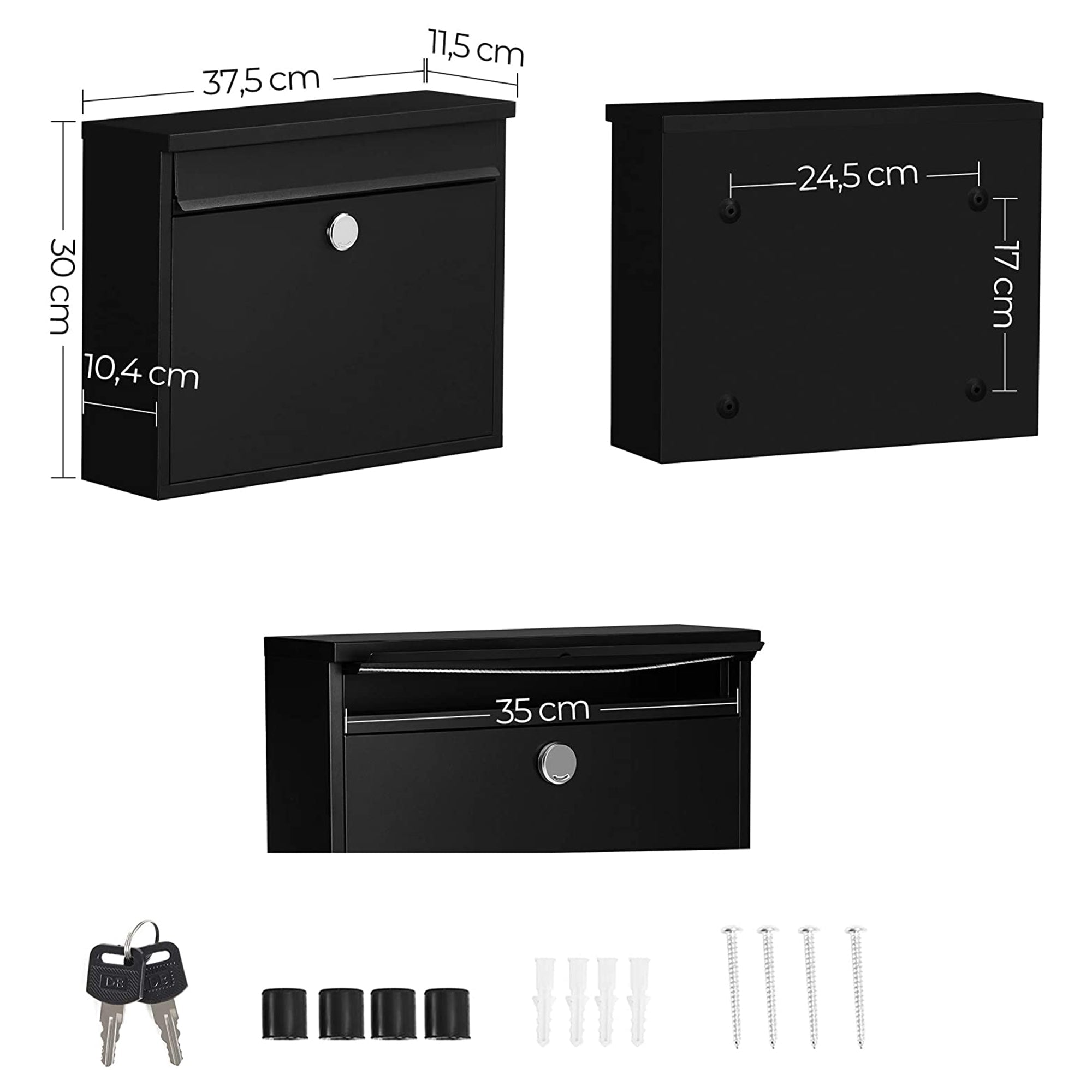 Wall-Mounted Letterbox - Metal - Black - Front Slot with Copper Lock