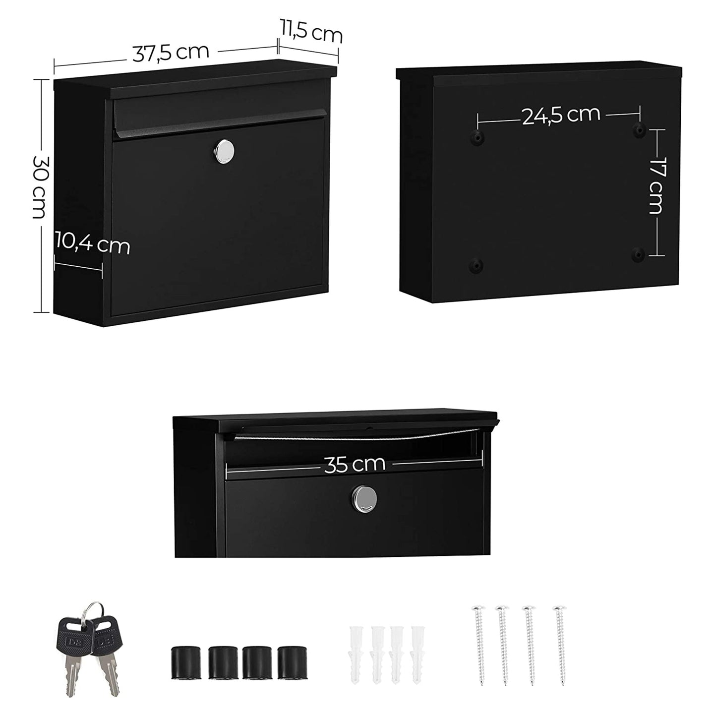 Wall-Mounted Letterbox - Metal - Black - Front Slot with Copper Lock