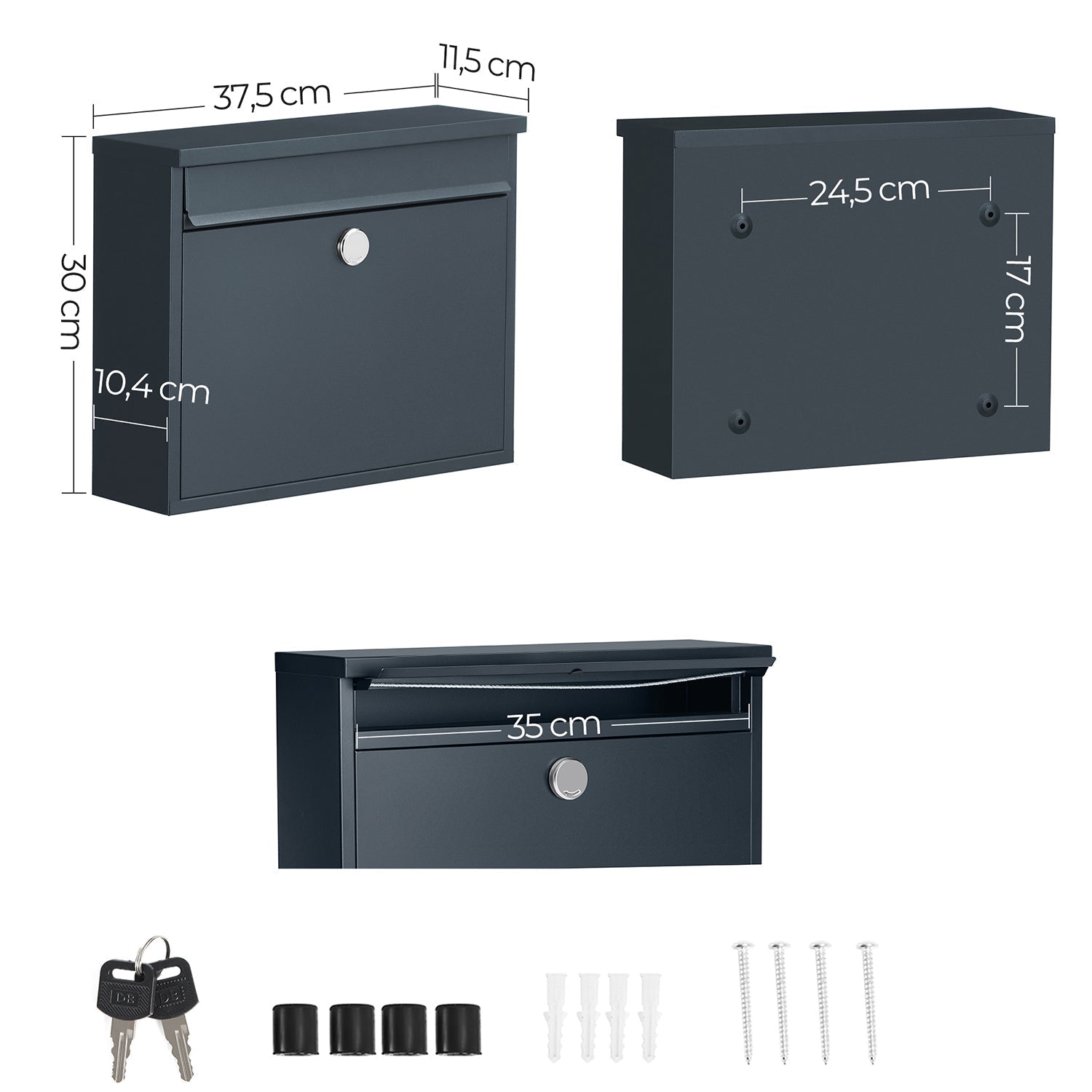 Wall-Mounted Mailbox - Metal - Black - Secure Locking System