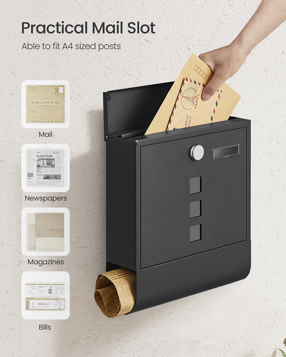Wall-Mounted Mailbox - Metal - Black - Lockable Design with Newspaper Holder and Viewing Windows