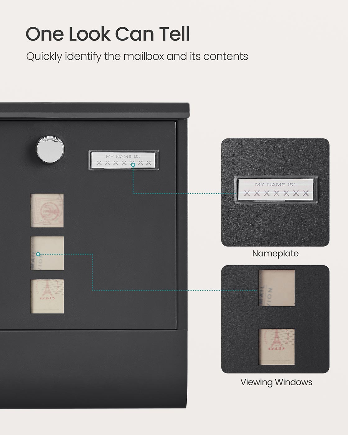Wall-Mounted Mailbox - Metal - Black - Lockable Design with Newspaper Holder and Viewing Windows