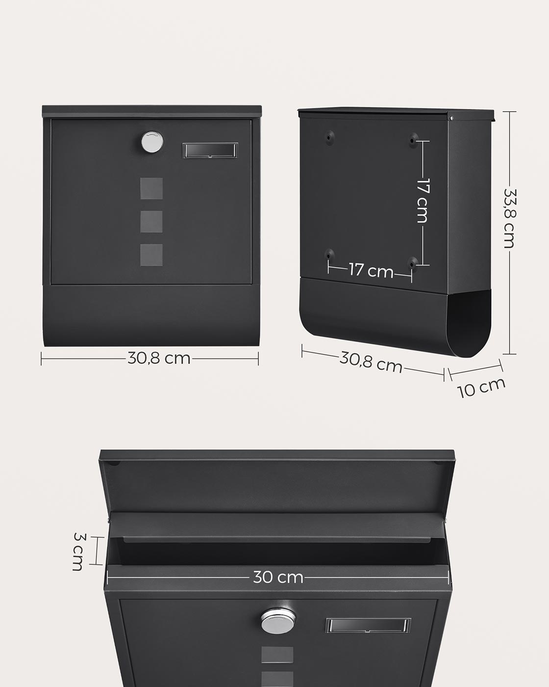 Wall-Mounted Mailbox - Metal - Black - Lockable Design with Newspaper Holder and Viewing Windows