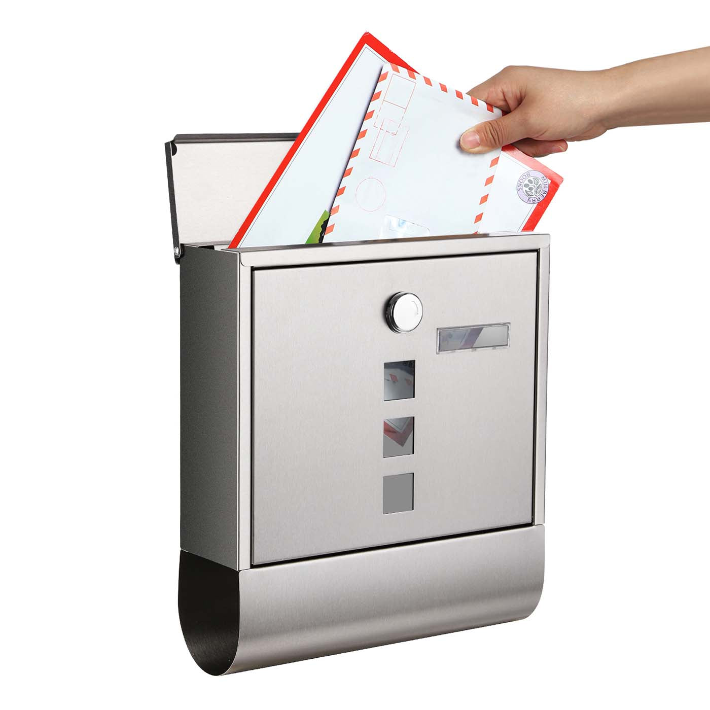Wall-Mounted Mailbox - Stainless Steel - Black - Lockable with Newspaper Holder and Viewing Windows