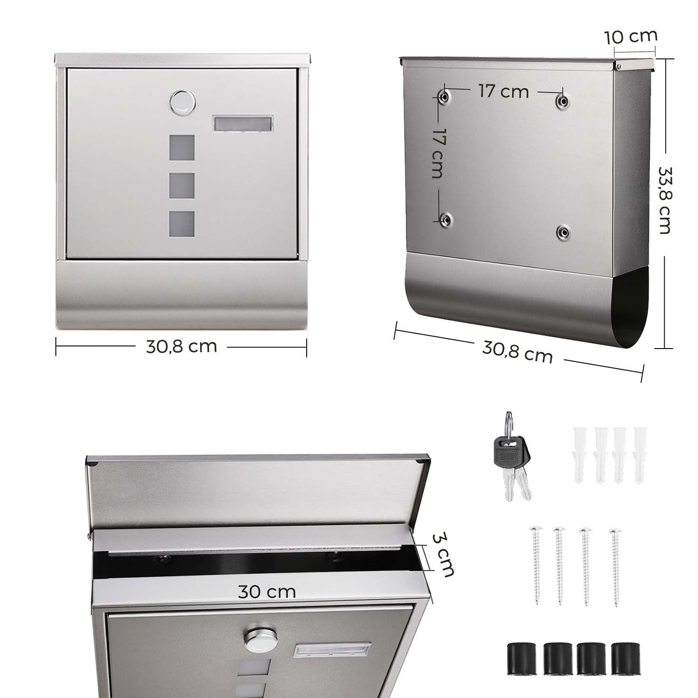 Wall-Mounted Mailbox - Stainless Steel - Black - Lockable with Newspaper Holder and Viewing Windows