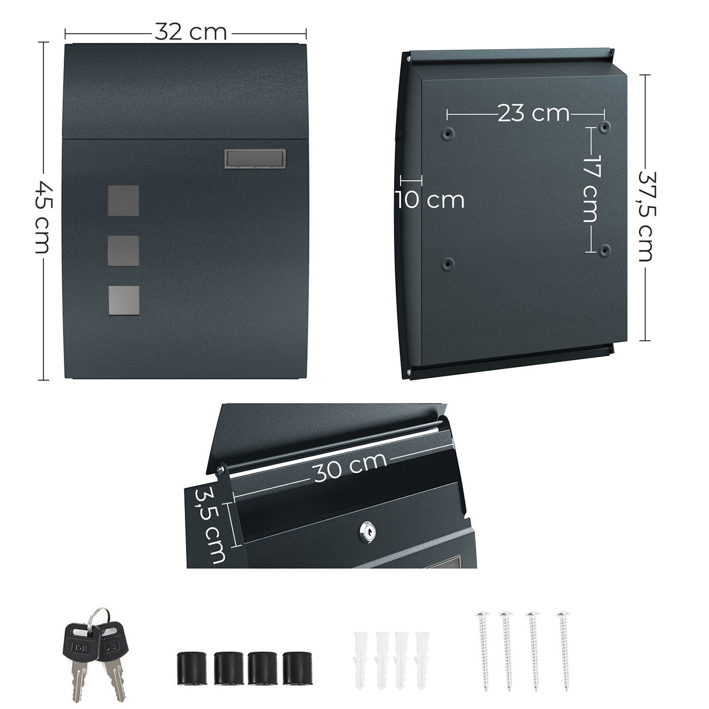 Wall-Mounted Mailbox - Metal - Anthracite Grey - Lockable with Viewing Window and Nameplate