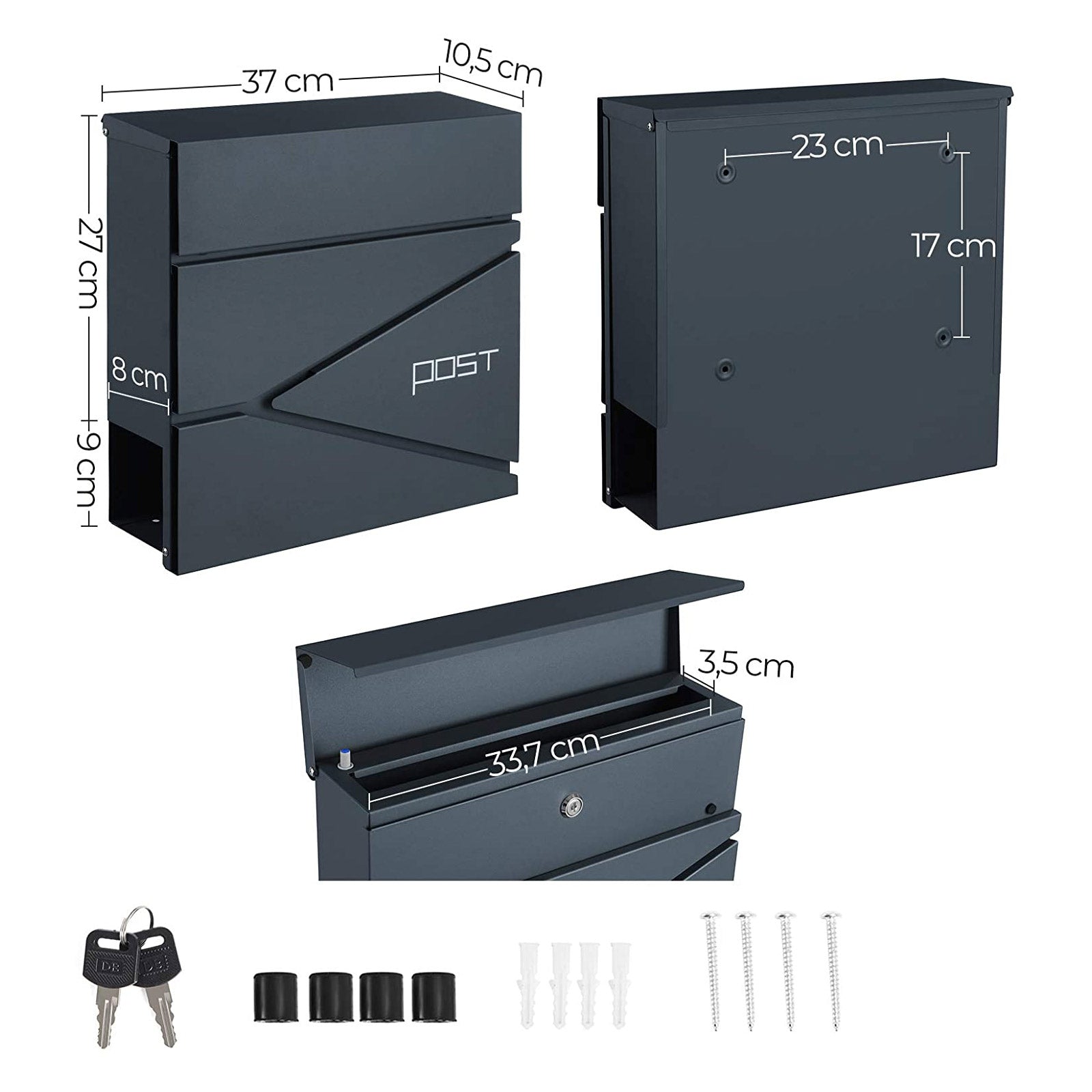 Lockable Wall-Mounted Mailbox - Steel - Anthracite Grey - Includes Newspaper Holder