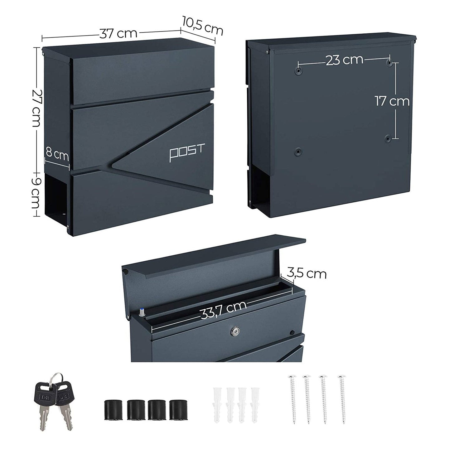 Lockable Wall-Mounted Mailbox - Steel - Anthracite Grey - Includes Newspaper Holder
