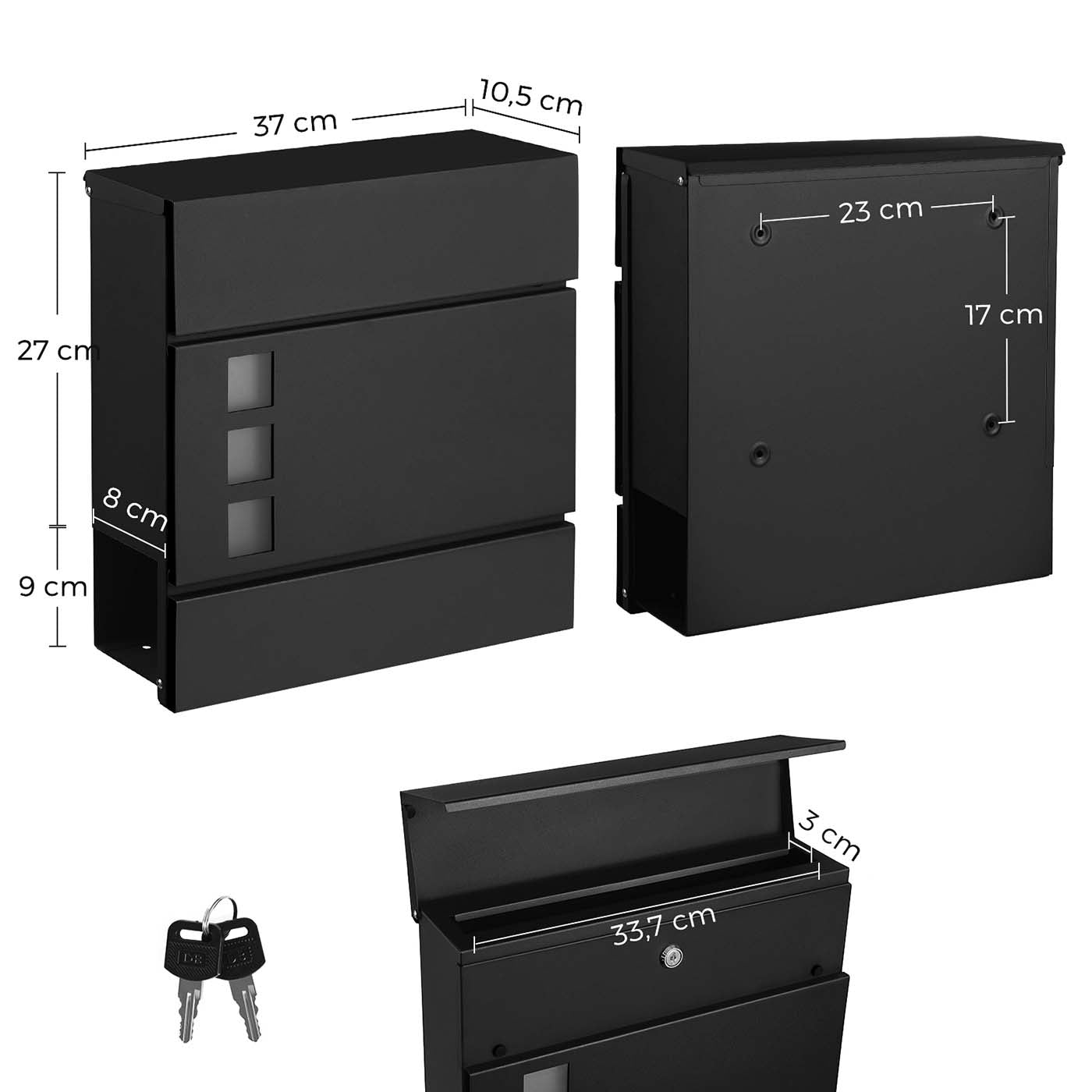 Wall-mounted Mailbox - Metal - Black - Lockable with Newspaper Holder