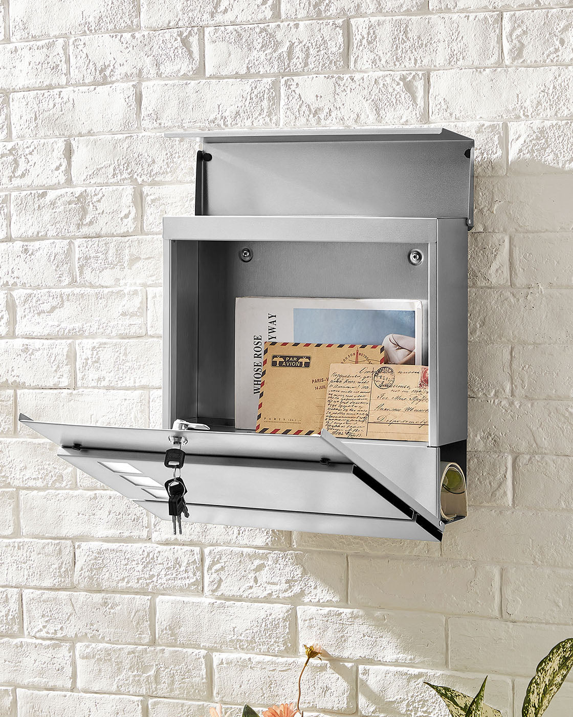 Wall-Mounted Mailbox - Stainless Steel - Black - Lockable with Newspaper Holder