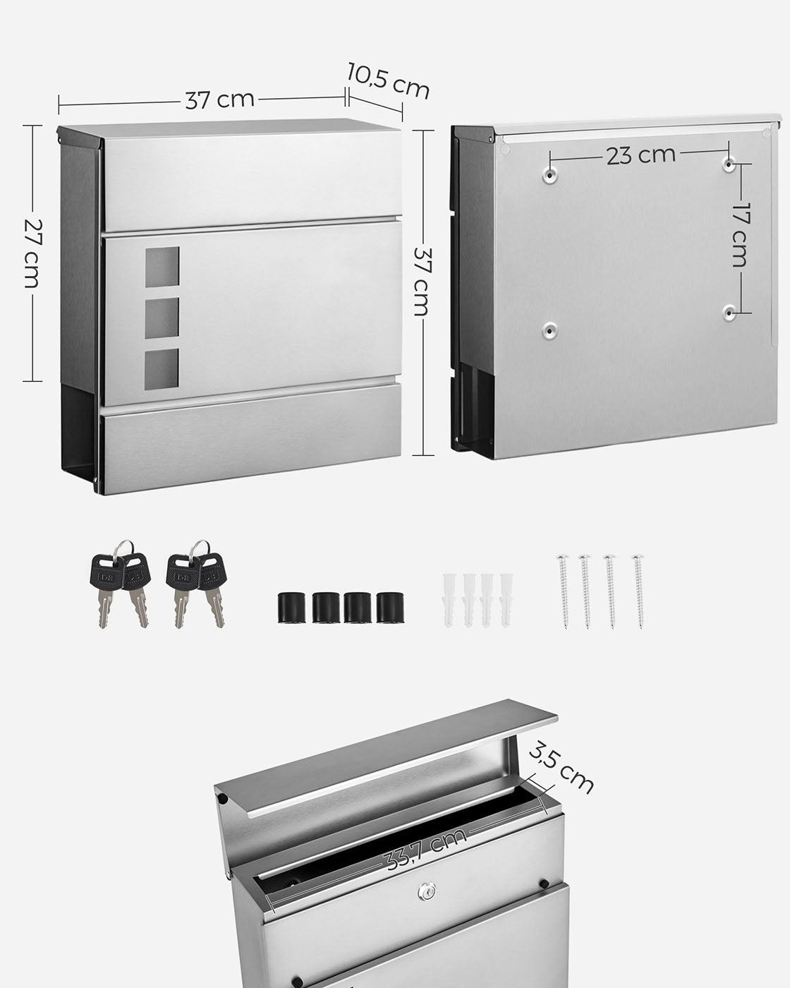 Wall-Mounted Mailbox - Stainless Steel - Black - Lockable with Newspaper Holder
