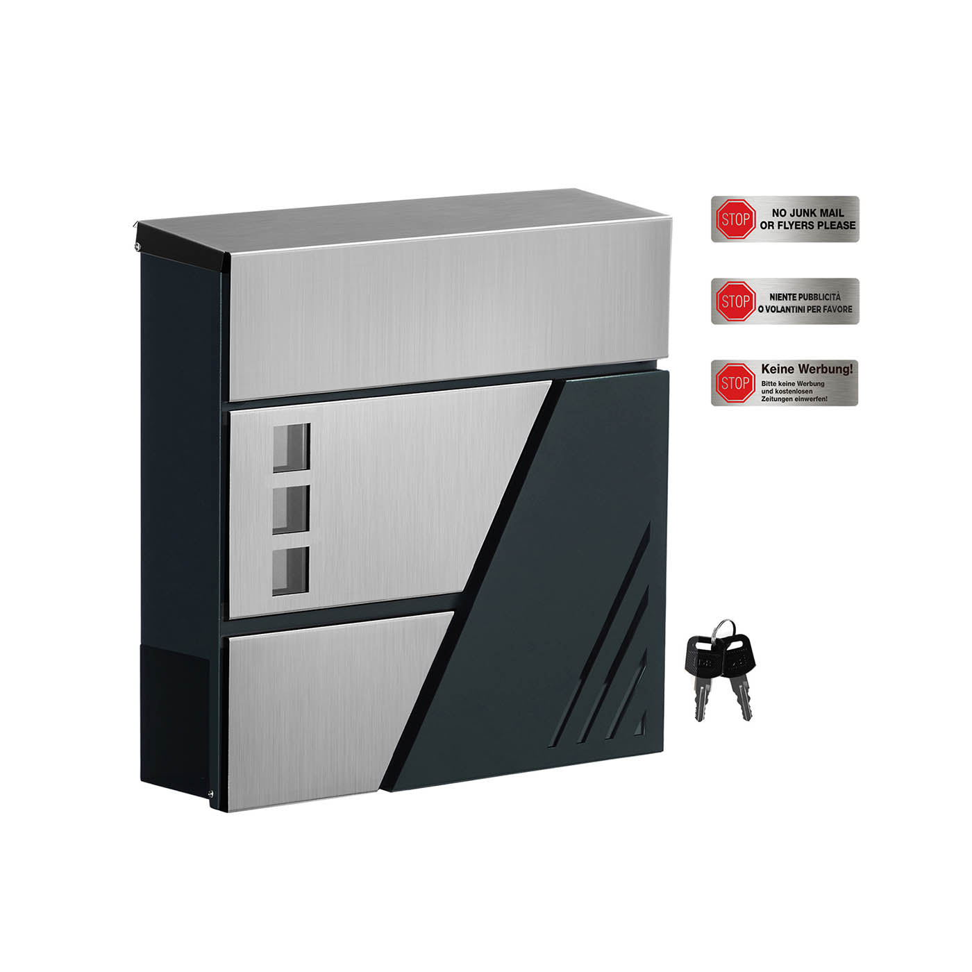 Large Wall-Mounted Locking Mailbox - Stainless Steel - Silver - with Viewing Windows and Keys