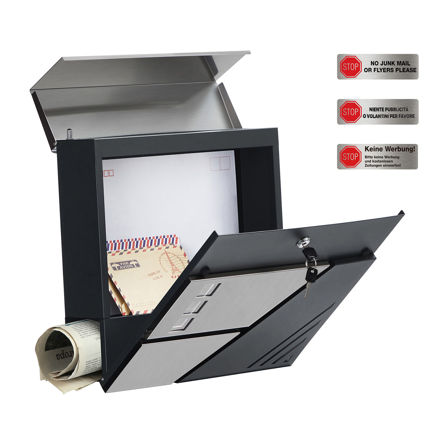 Large Wall-Mounted Locking Mailbox - Stainless Steel - Silver - with Viewing Windows and Keys