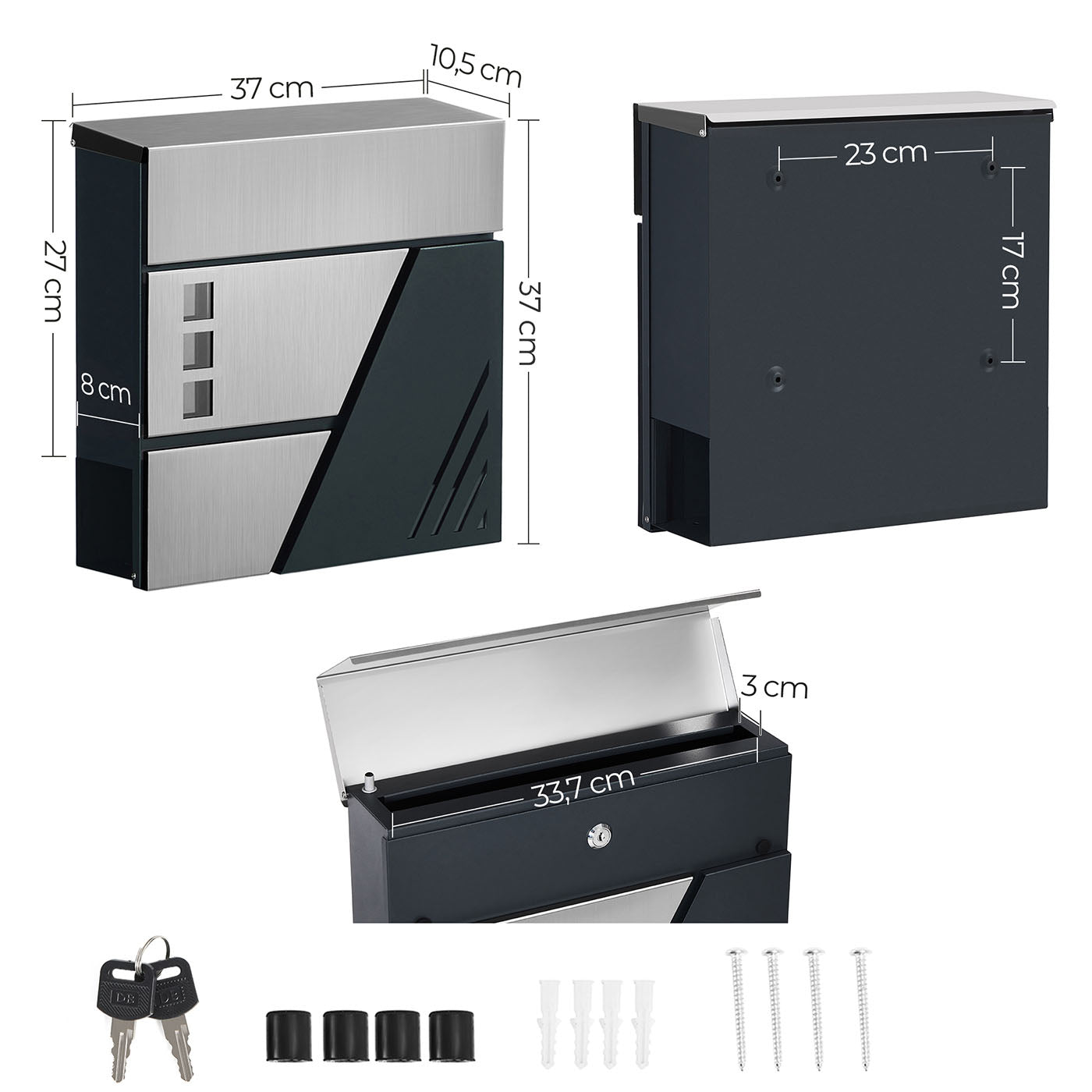 Large Wall-Mounted Locking Mailbox - Stainless Steel - Silver - with Viewing Windows and Keys