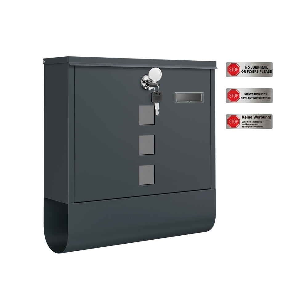 Wall Mounted Post Box - Metal - Anthracite Grey - Capped Lock with Newspaper Holder and Viewing Windows