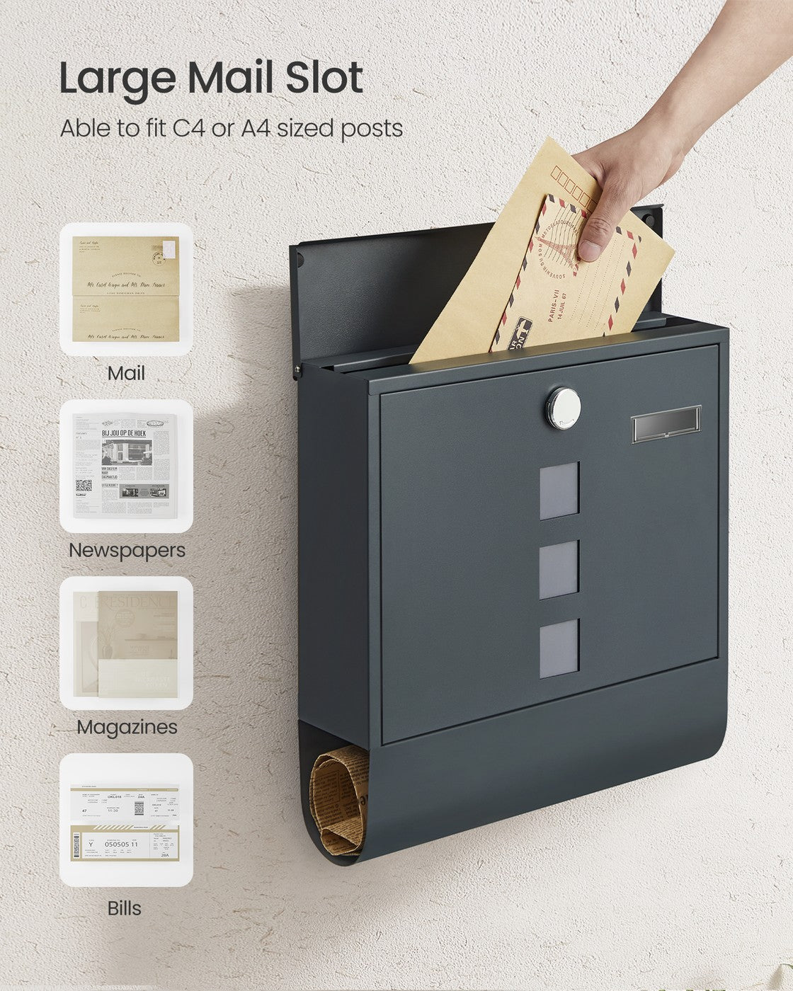 Wall Mounted Post Box - Metal - Anthracite Grey - Capped Lock with Newspaper Holder and Viewing Windows