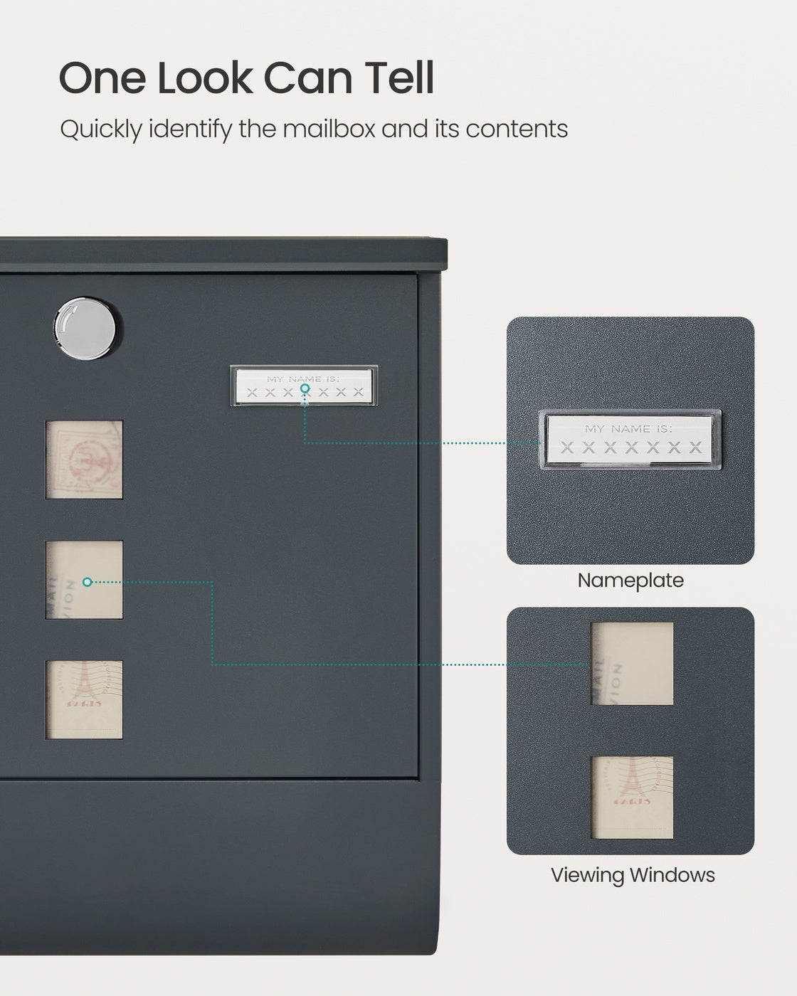 Wall Mounted Post Box - Metal - Anthracite Grey - Capped Lock with Newspaper Holder and Viewing Windows
