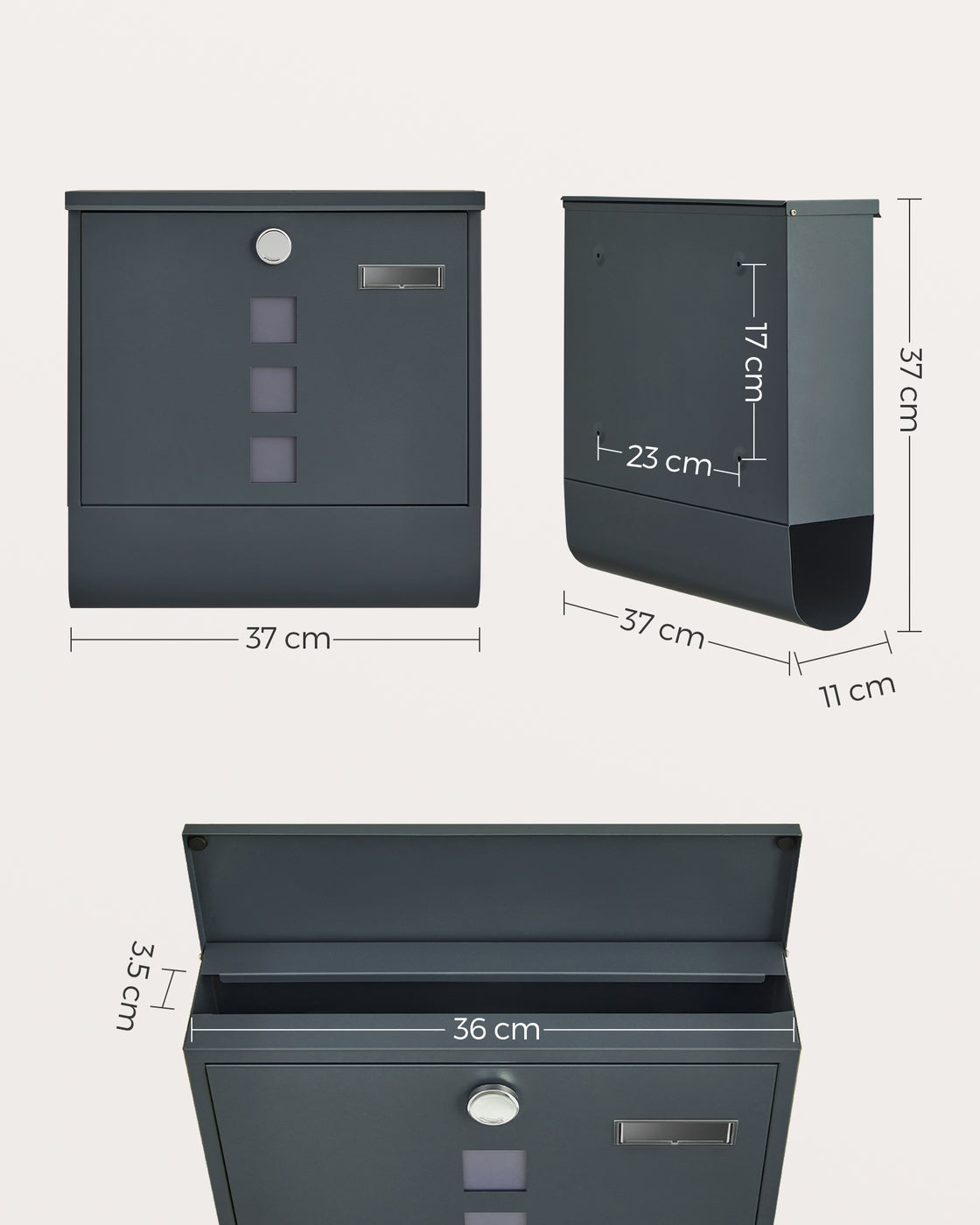 Wall Mounted Post Box - Metal - Anthracite Grey - Capped Lock with Newspaper Holder and Viewing Windows
