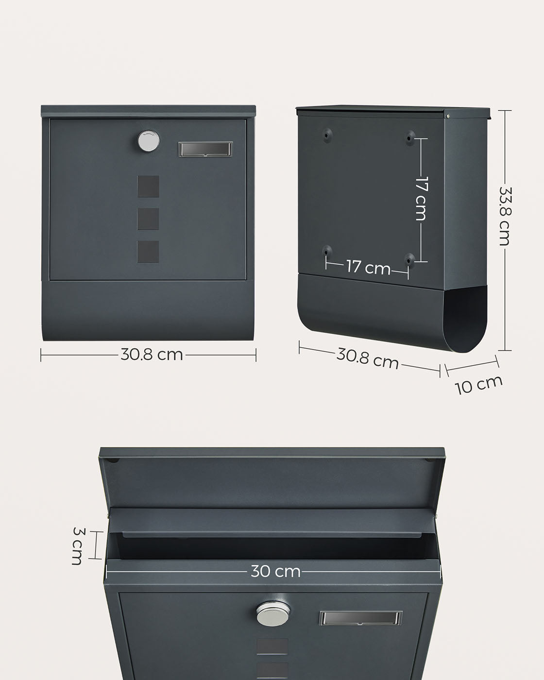 Wall-Mounted Mailbox - Metal - Anthracite Grey - Capped Lock with Copper Core and Newspaper Holder