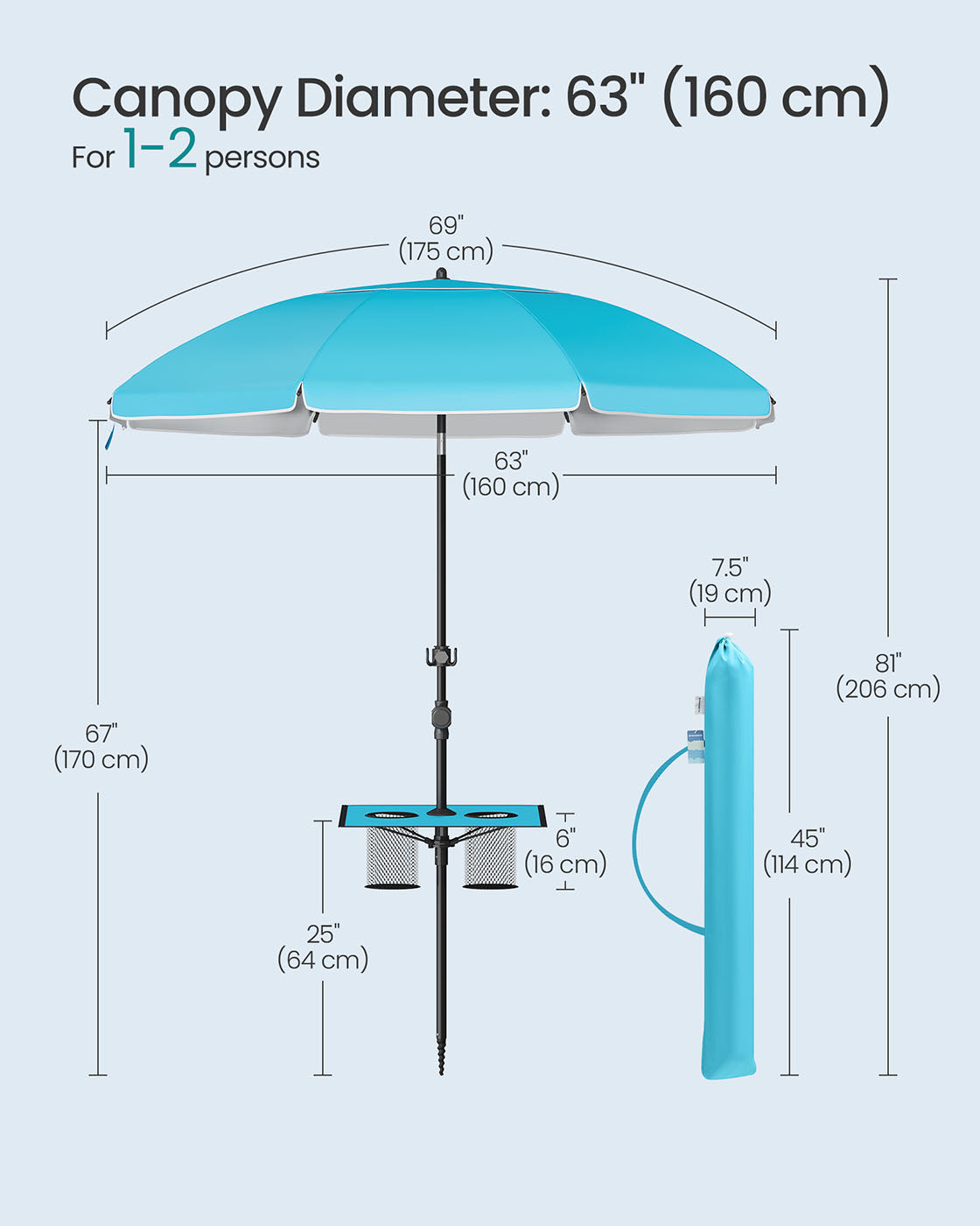 Garden Parasol - Fabric - Blue - UPF 50+ Sun Protection with Adjustable Height and Double-Side Tilt