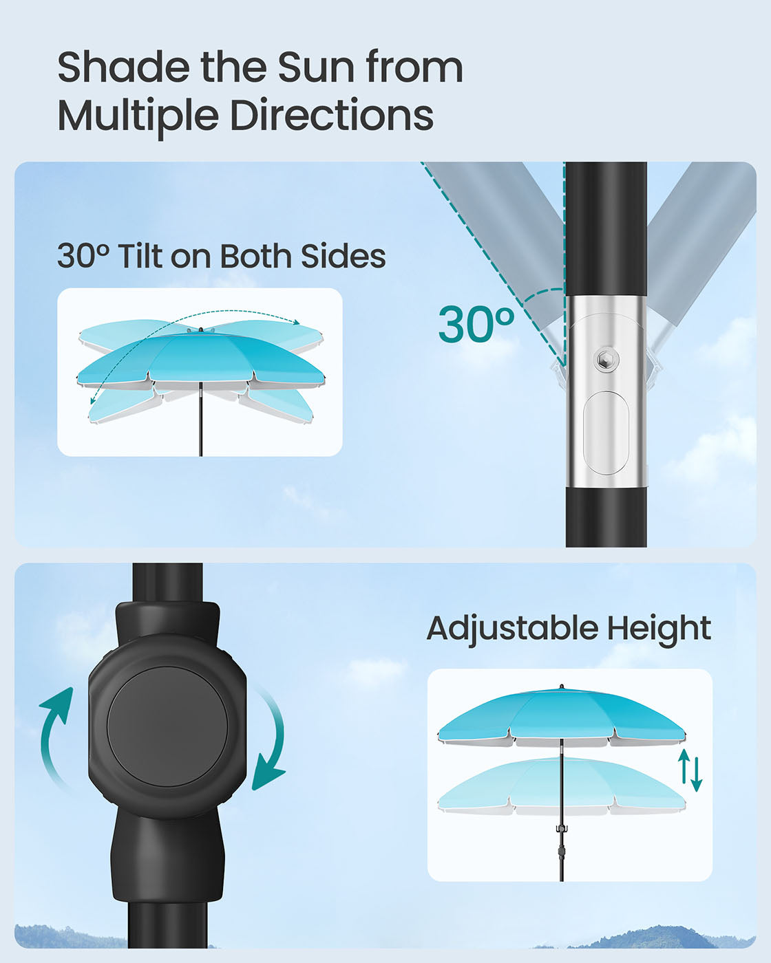 Garden Parasol - Fabric - Blue - UPF 50+ Sun Protection with Adjustable Height and Double-Side Tilt