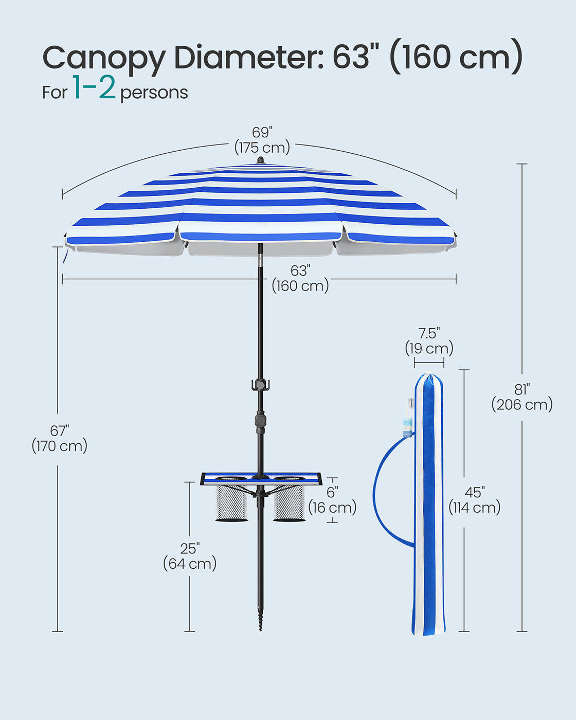 Garden Parasol - Fabric - Blue and White - UPF 50+ Sun Protection