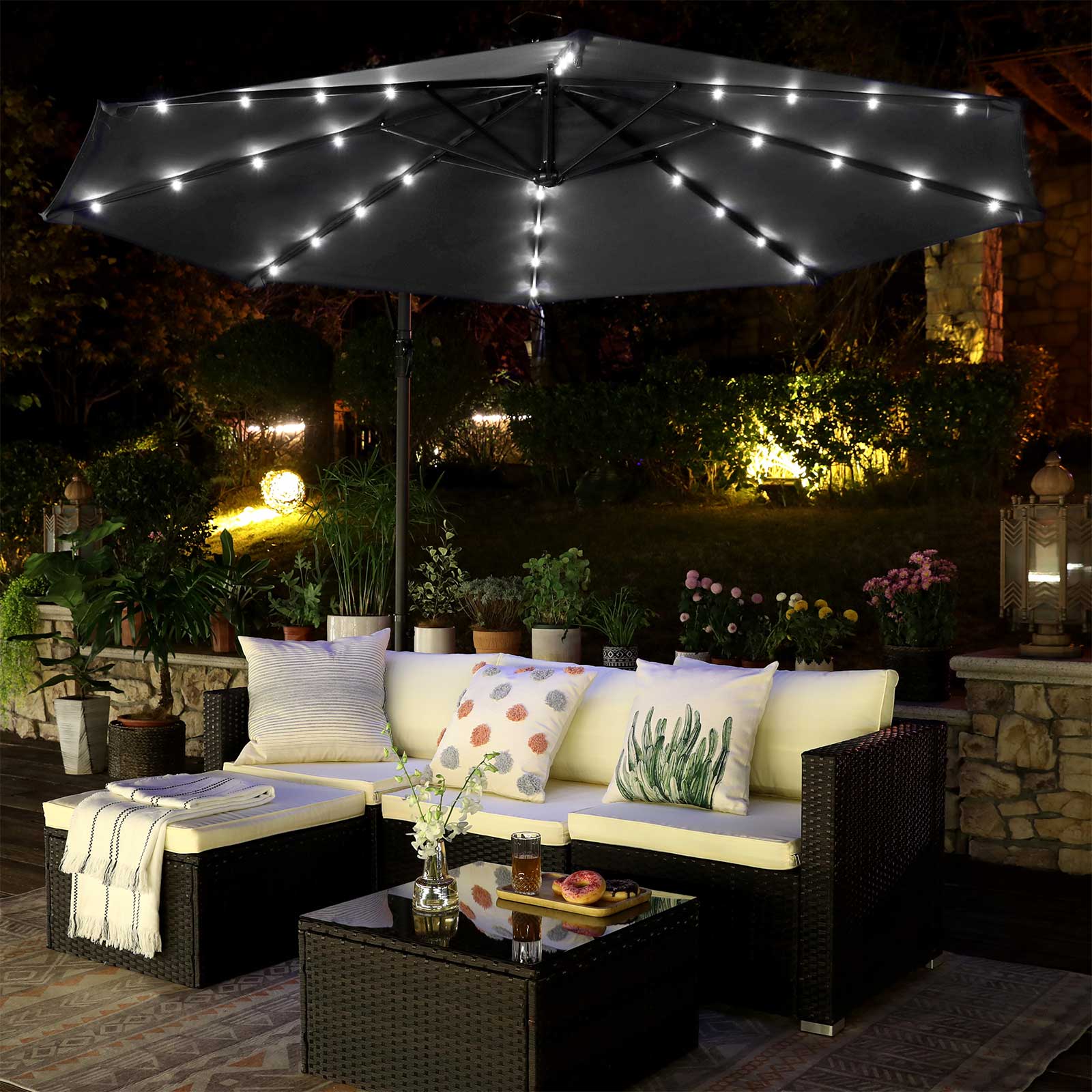 Cantilever Parasol - Fabric - Grey - Solar-Powered LED Lights