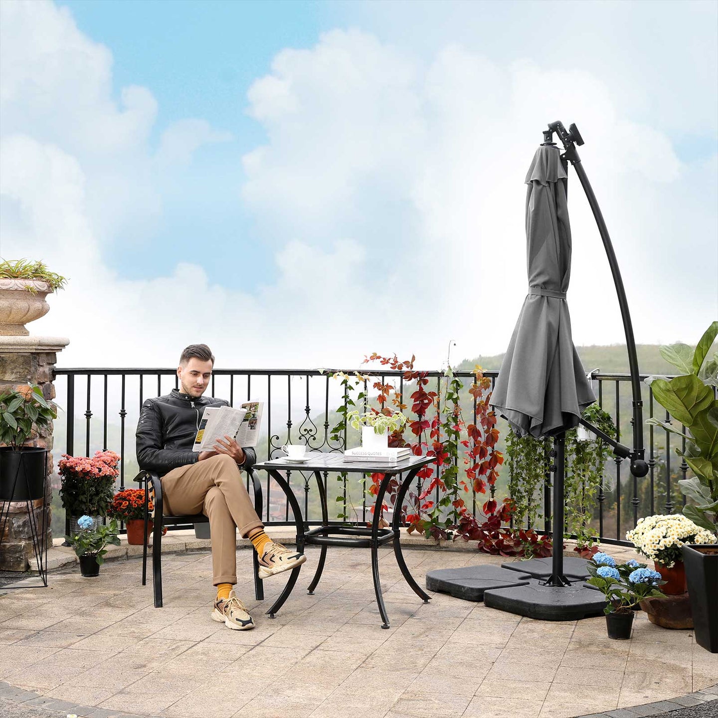 Cantilever Parasol - Fabric - Grey - Solar-Powered LED Lights