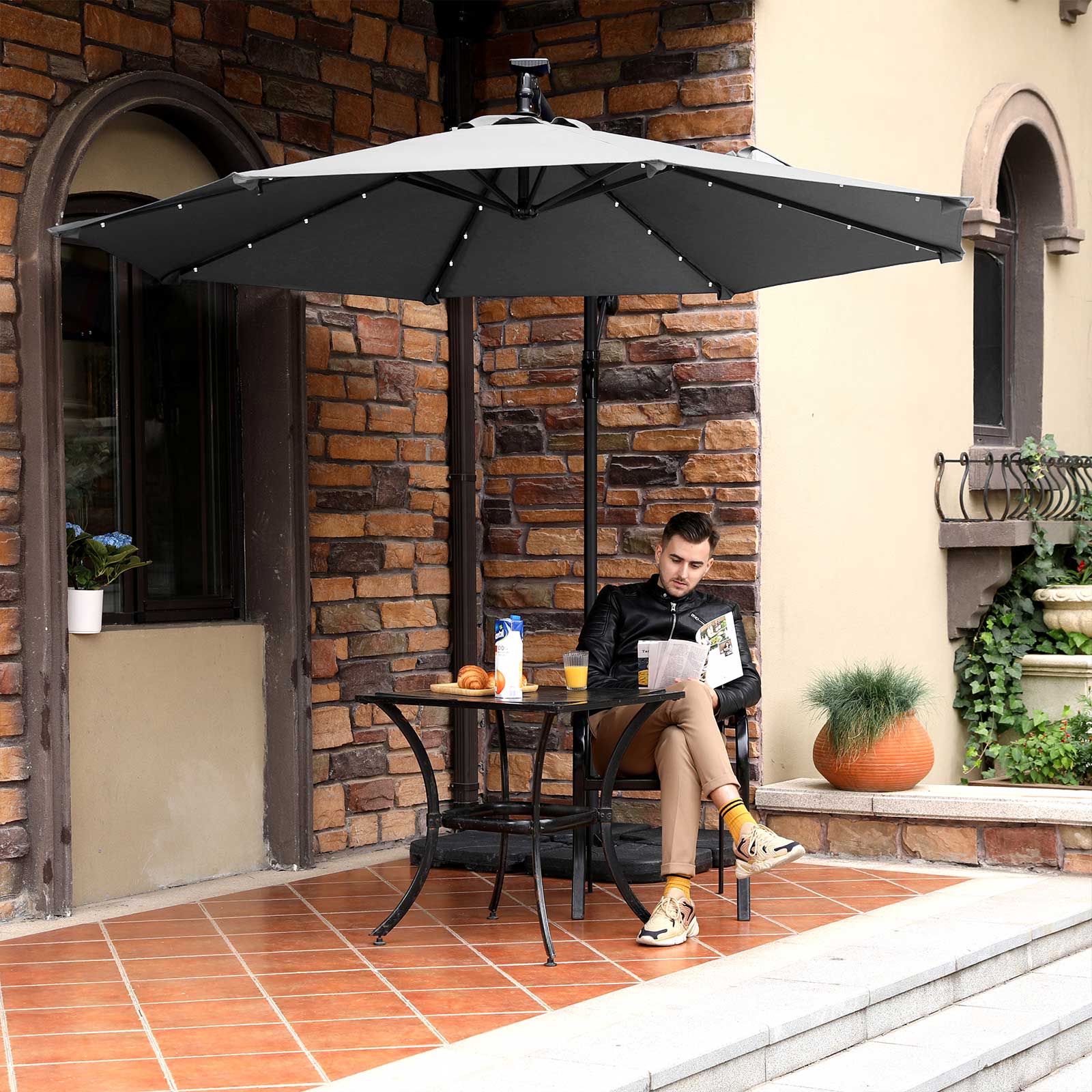 Cantilever Parasol - Fabric - Grey - Solar-Powered LED Lights