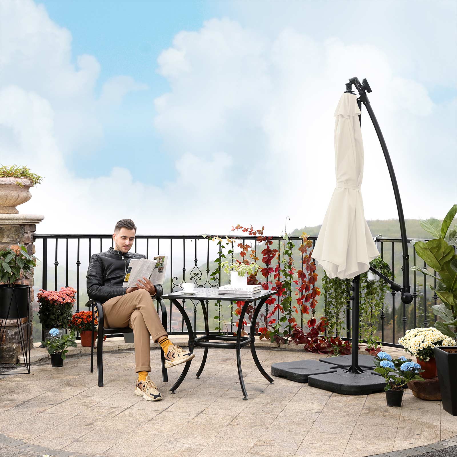 Cantilever Garden Patio Parasol - Fabric - Beige - Solar-Powered LED Lights