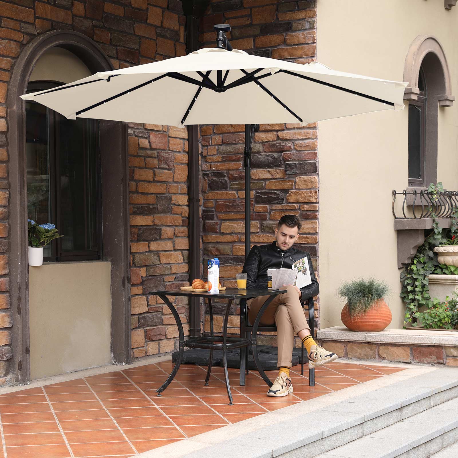 Cantilever Garden Patio Parasol - Fabric - Beige - Solar-Powered LED Lights