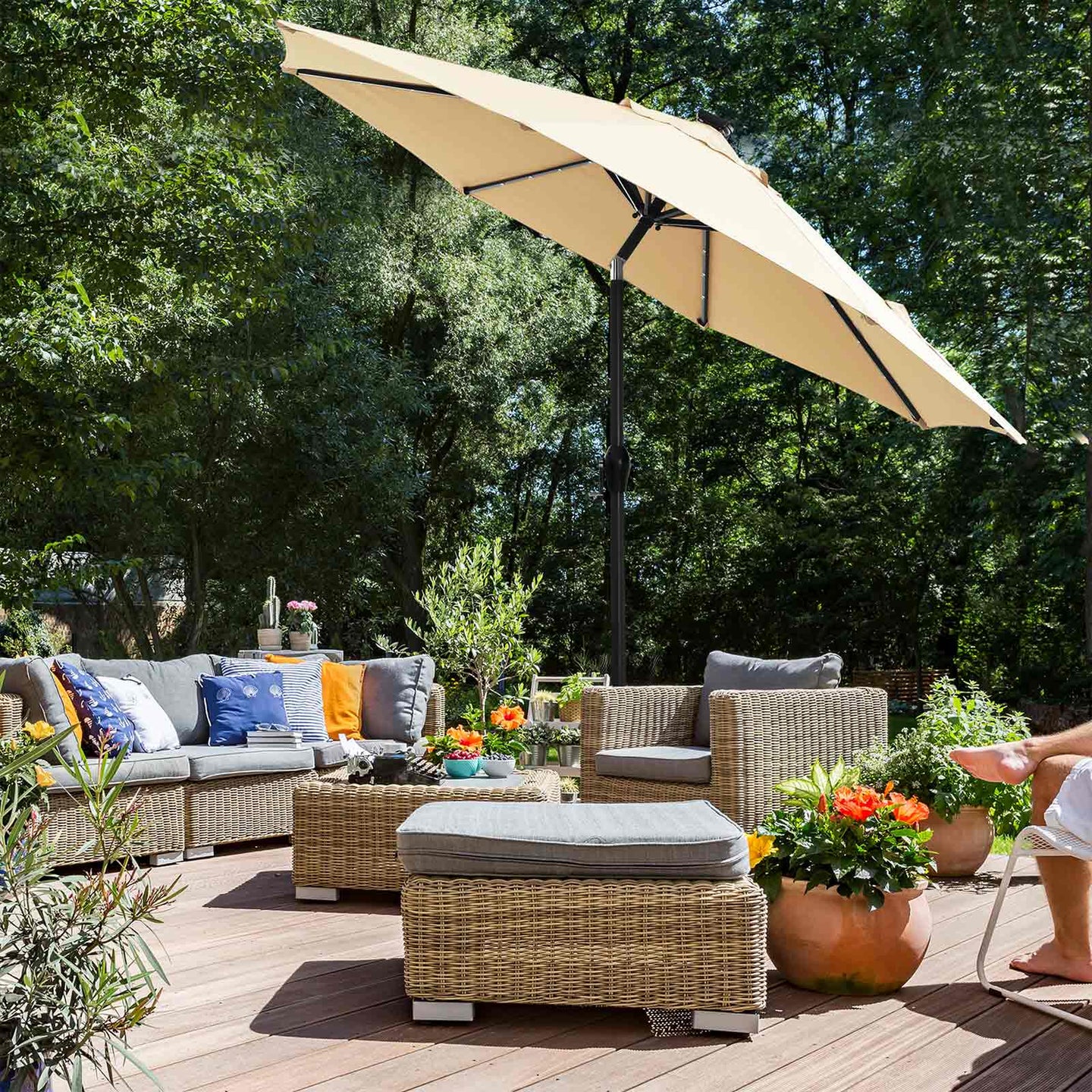 Garden Parasol Umbrella - Fabric - Beige - Solar-Powered LED Lights