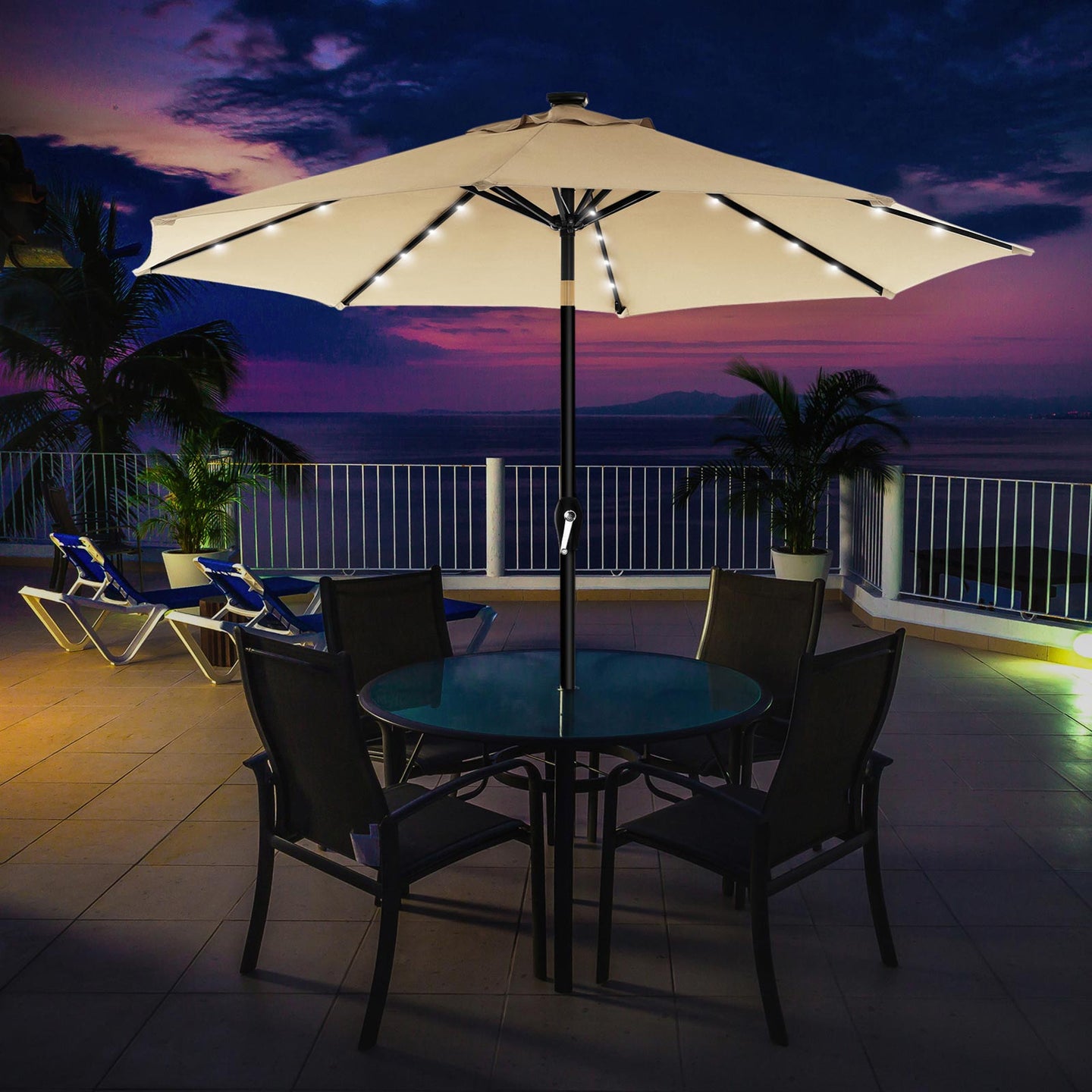 Garden Parasol Umbrella - Fabric - Beige - Solar-Powered LED Lights