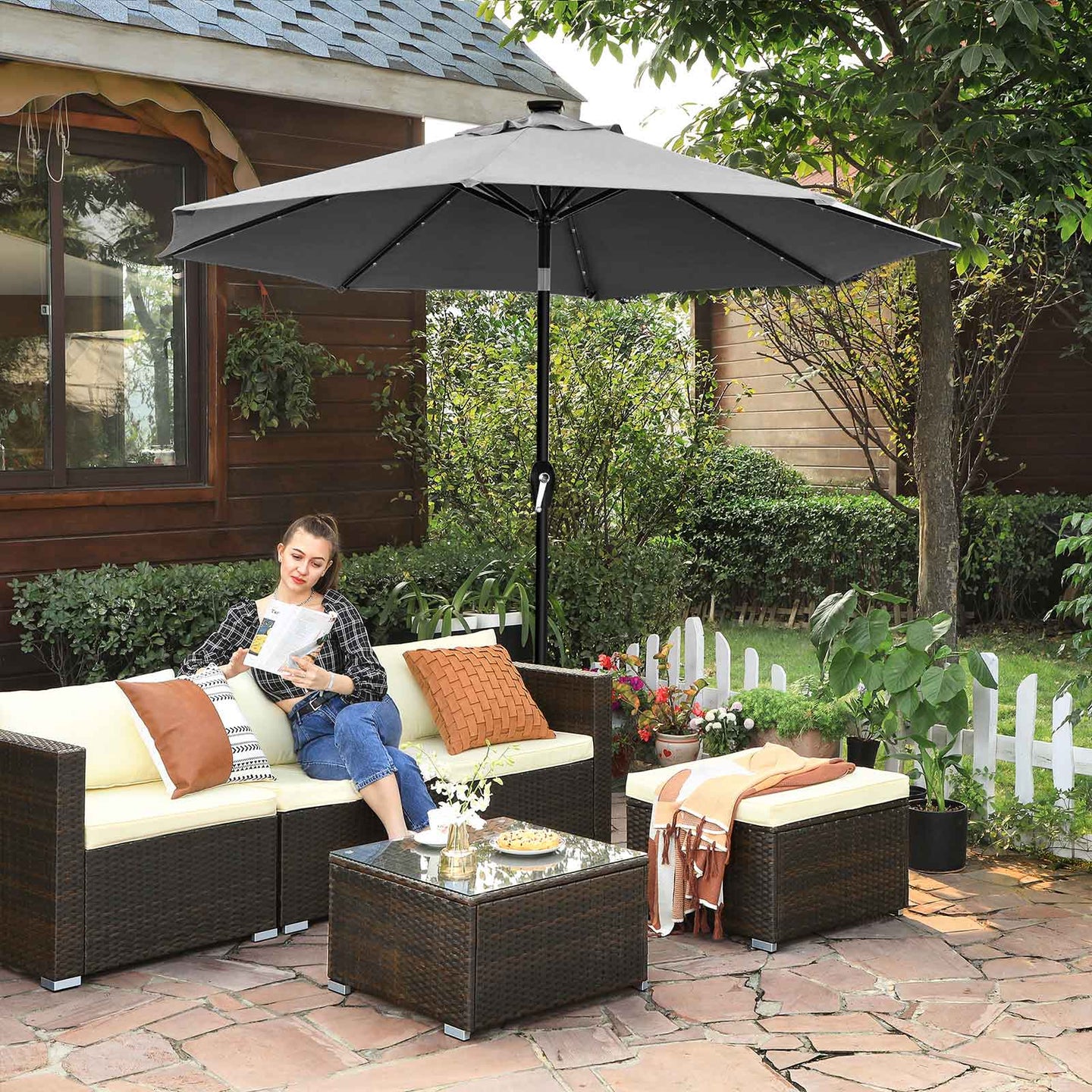 Garden Parasol Umbrella - Fabric - Grey - Solar-Powered LED Lights