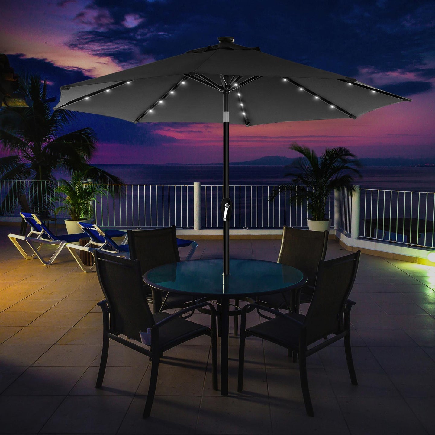 Garden Parasol Umbrella - Fabric - Grey - Solar-Powered LED Lights