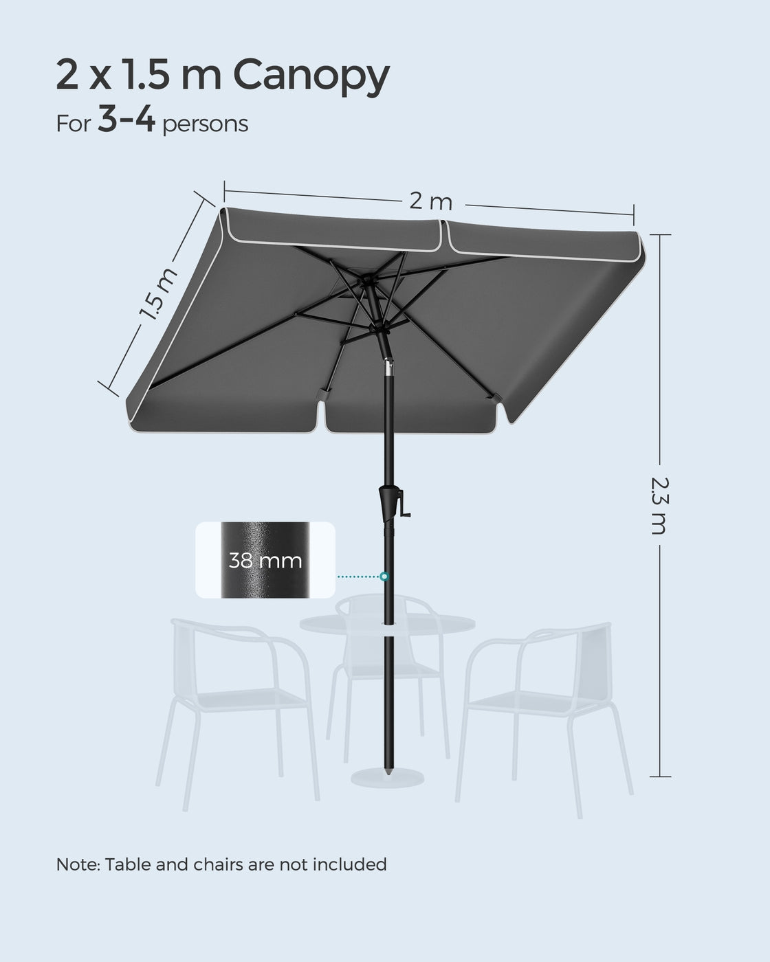 Patio Umbrella - 2 x 1.5m - Steel Frame - UPF 50+