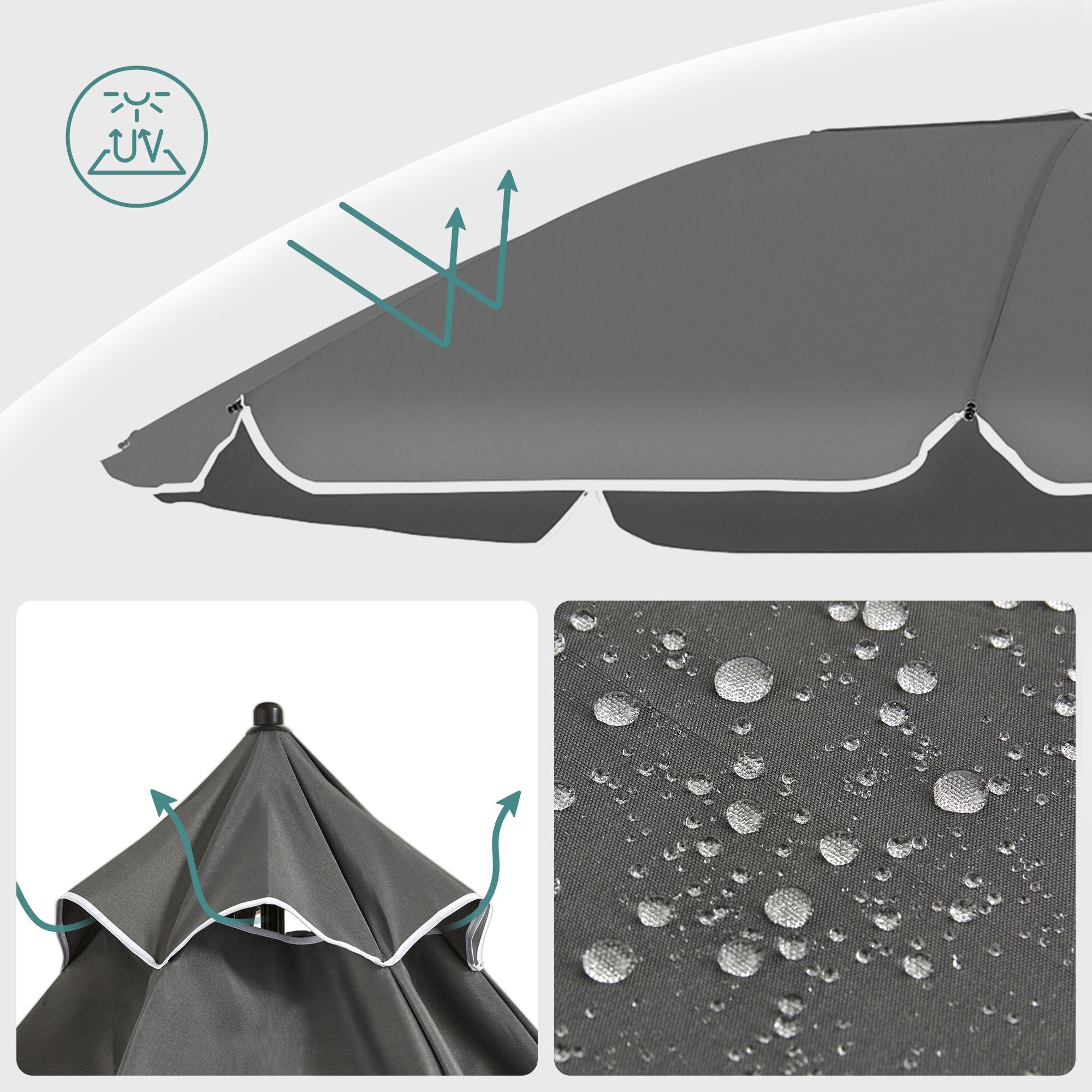 Beach Umbrella - Polyester - Grey - UPF 50+ Sun Protection with Tilt Mechanism
