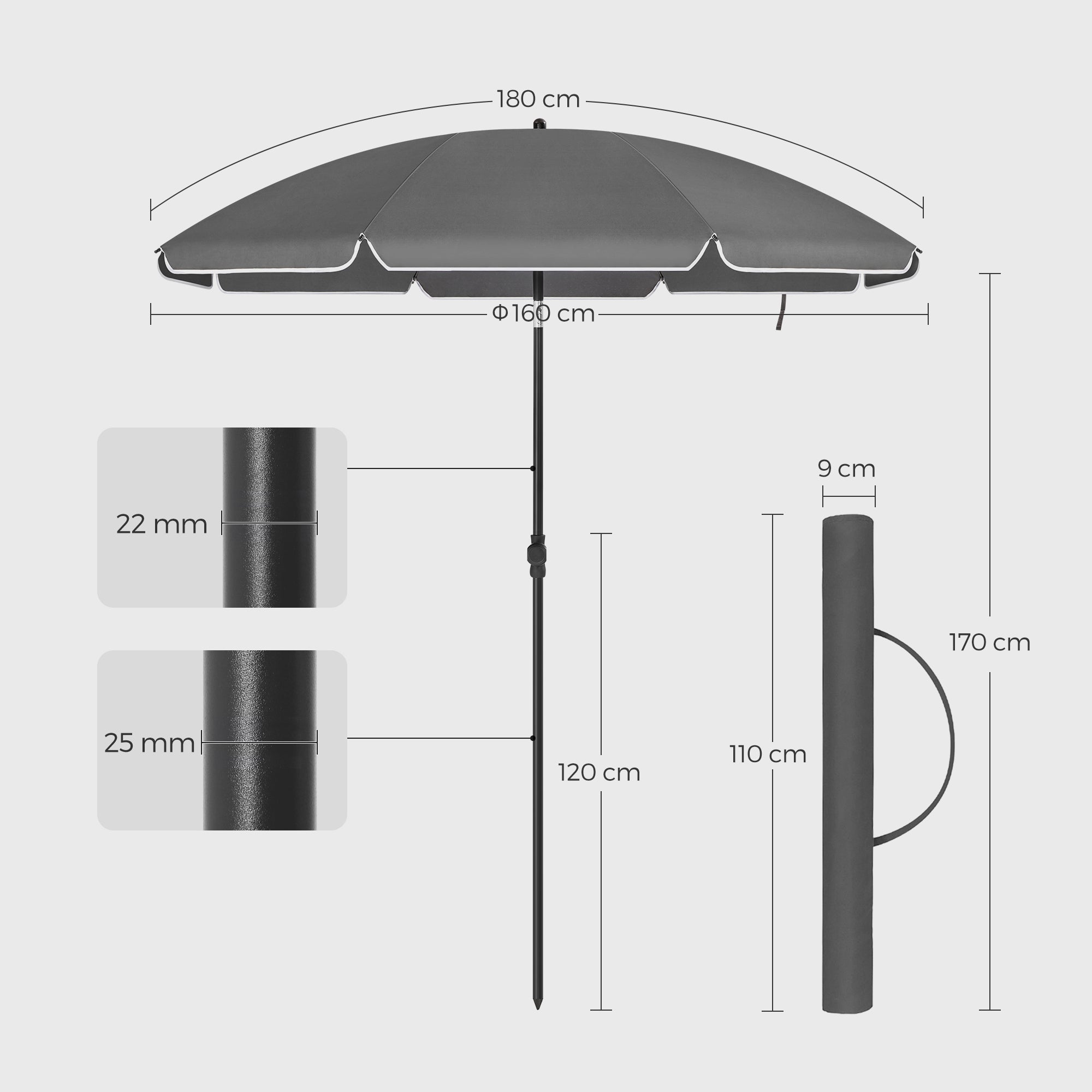 Beach Umbrella - Polyester - Grey - UPF 50+ Sun Protection with Tilt Mechanism