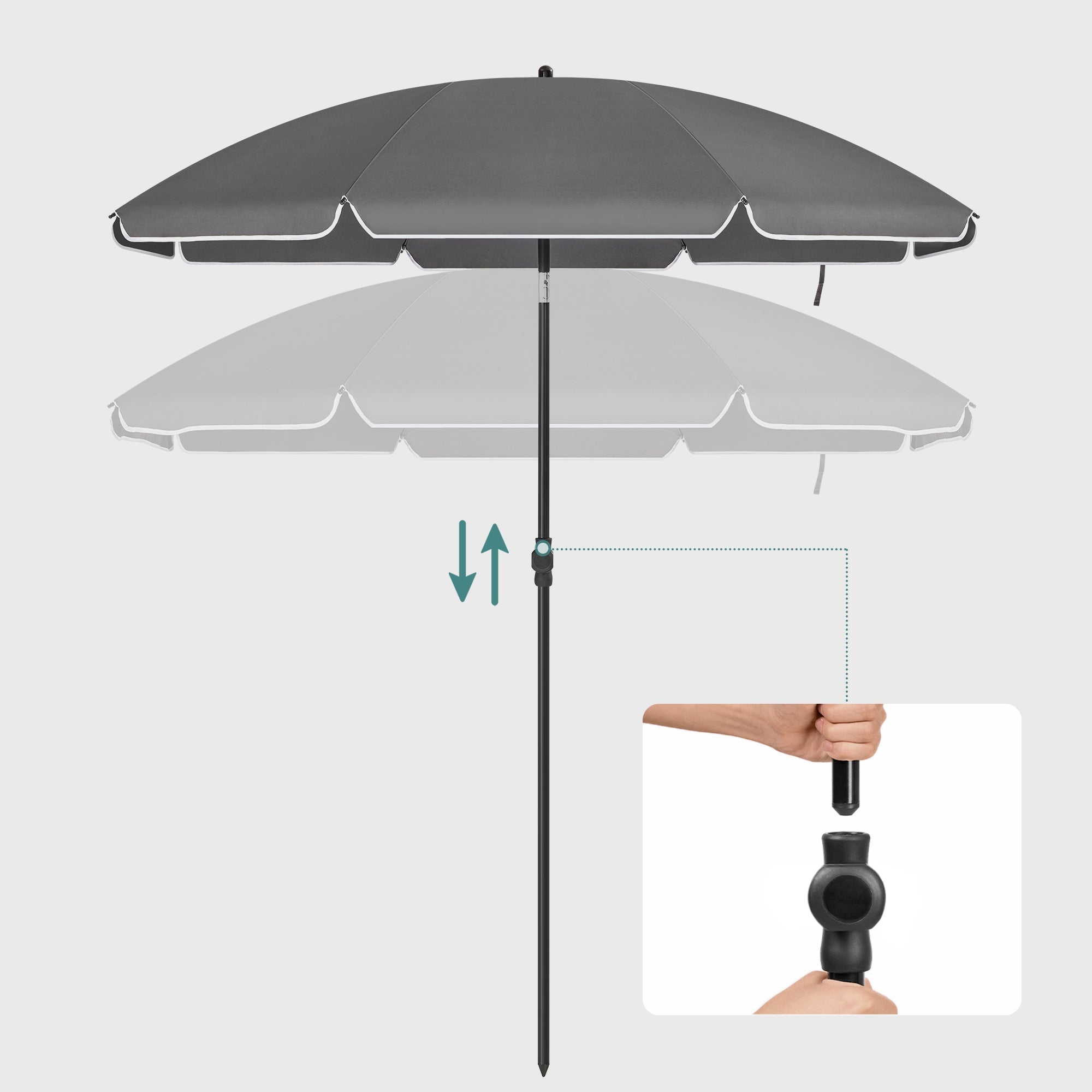 Beach Umbrella - Polyester - Grey - UPF 50+ Sun Protection with Tilt Mechanism